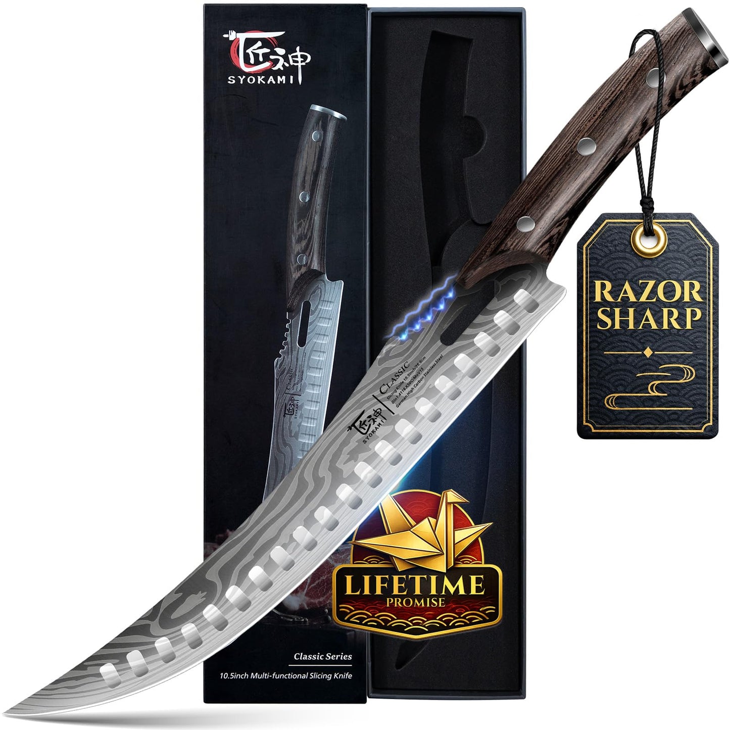 SYOKAMI Butcher Knife, 10.5 Inch High Carbon Japanese Style Carving Knife with Wood Full Tang Handle, Damascus Pattern, Razor Sharp Breaking Knife with Gift Box Ideal for Thanksgiving Day, BBQ