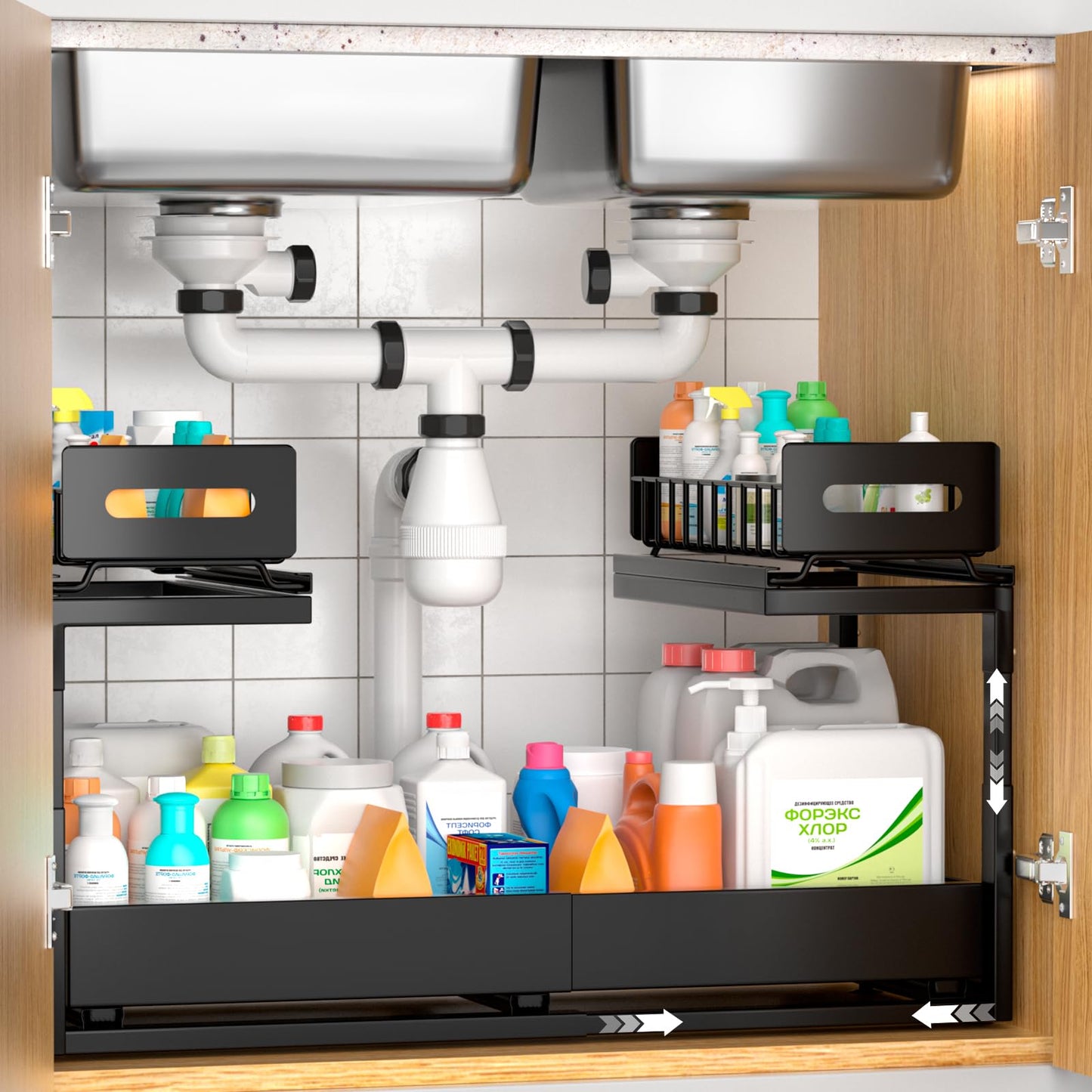 Under Sink Organizer, 2 Tier Expandable Pull Out Cabinet Organizer, Bathroom Organizers, Slide Out Organizer for Kitchen, Bathroom, Pantry & Closet, Kitchen Organizers and Storage (Black)