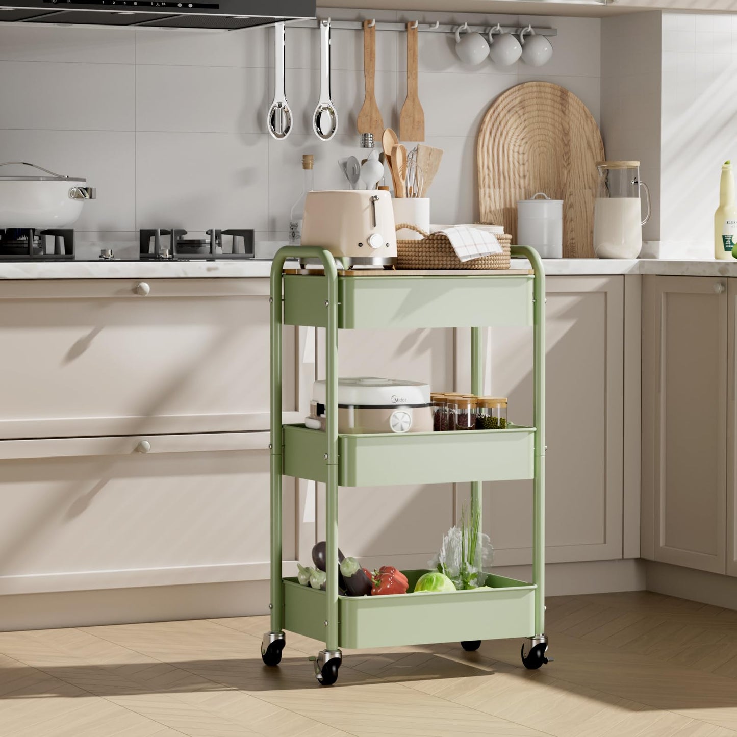 3 Tier Rolling Cart with Table top, Metal Rolling Utility Cart, Storage Organizer Cart with Locking Wheels & Hooks for Office, Classroom, Kitchen and Bathroom, Green