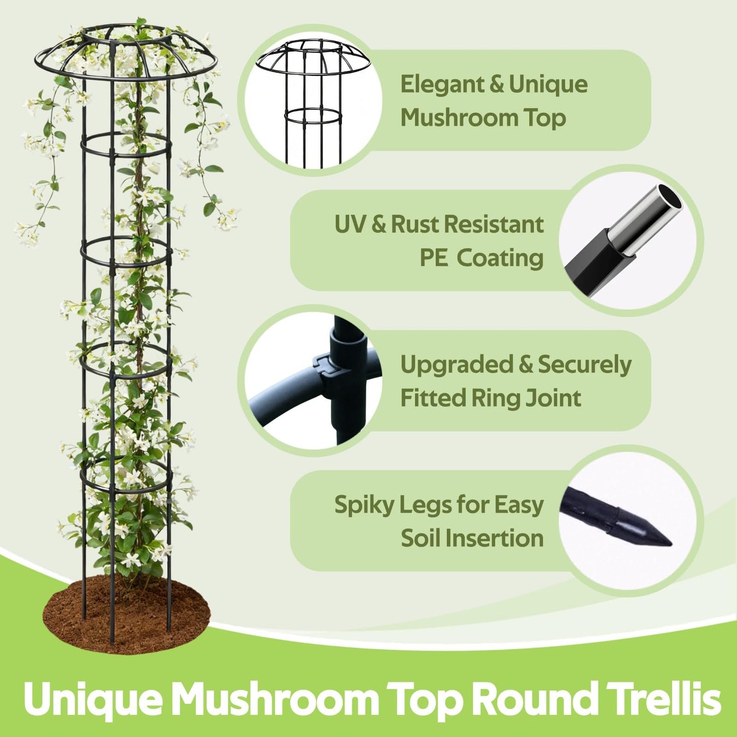 Glazeal Garden Trellis for Climbing Plants Outdoor - Unique Mushroom Top Round Trellis for Indoor Potted Plant - 64" Tall Rustproof PE Coated Metal Pipe Obelisk Support Ivy Vine Rose Grape Vegetable
