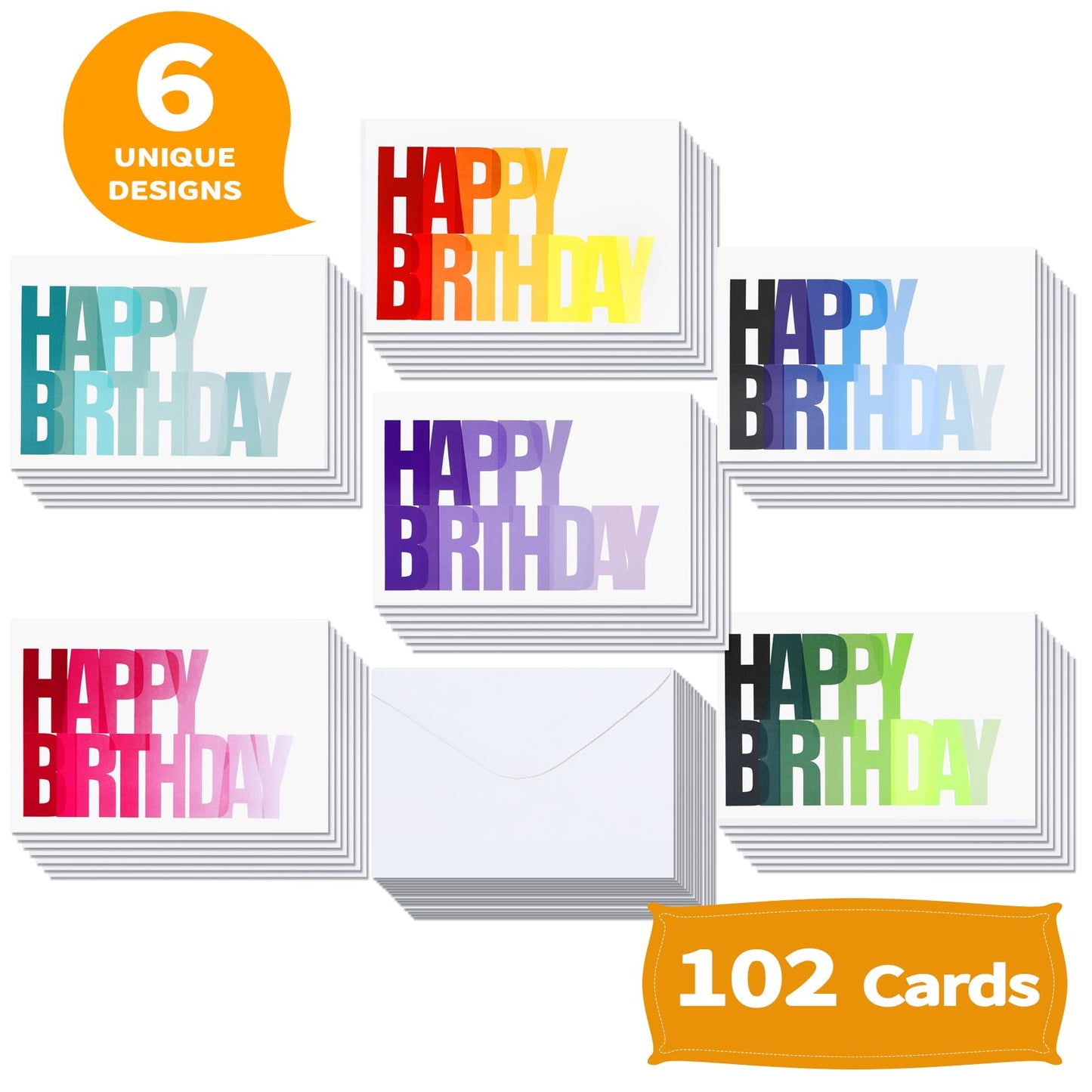XXINMOH 102 Pack Happy Birthday Cards Bulk with 4x6 Envelopes, Blank Inner, 6 Designs for Students, Work, Office, Gradient Colorful Font (Plus 102 Envelopes)