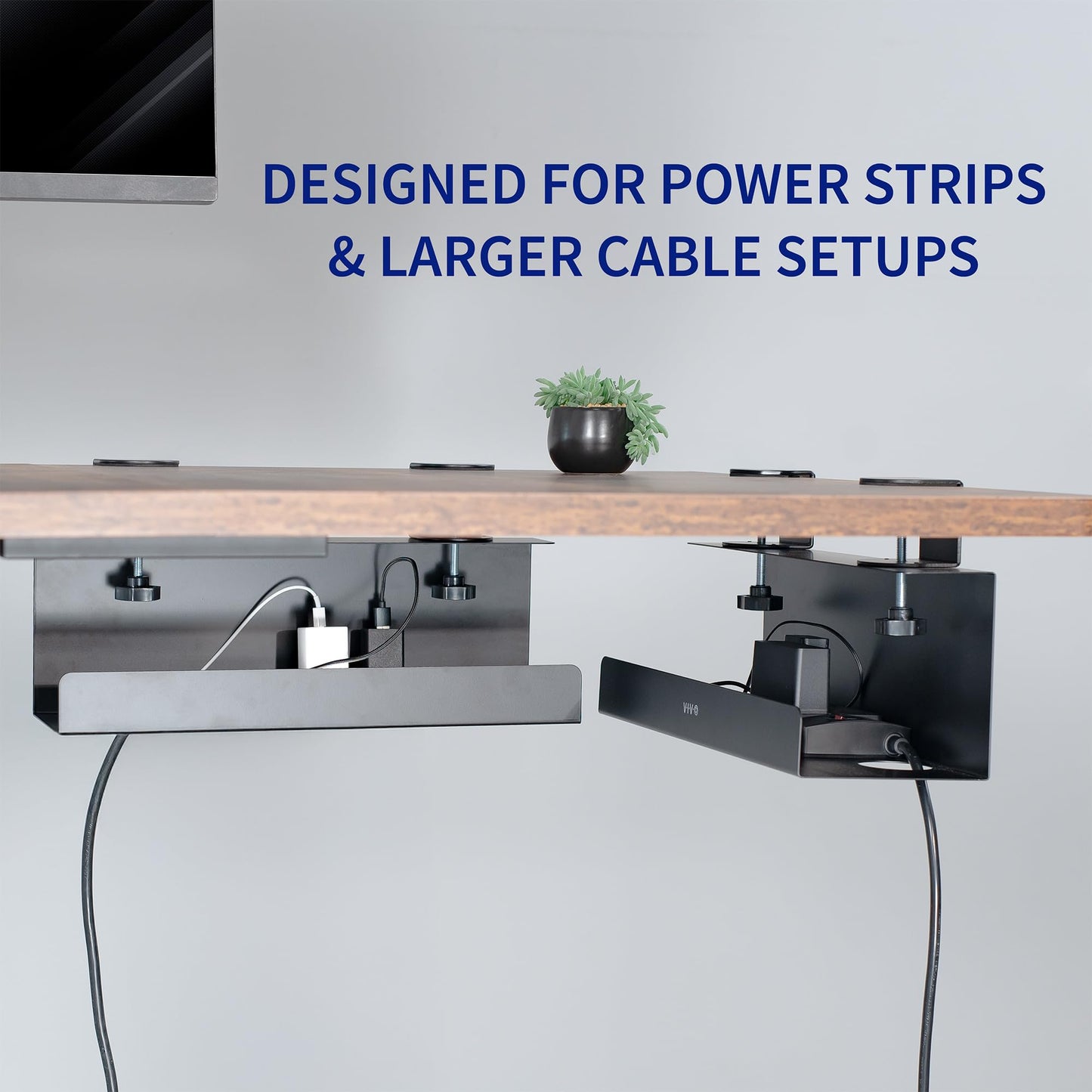 VIVO No Drill Clamp-on 17 inch Power Strip Cable Management Trays, Under Standing Desk Steel Cord Organizer, Black, 2 Pack, DESK-CM6L-2B