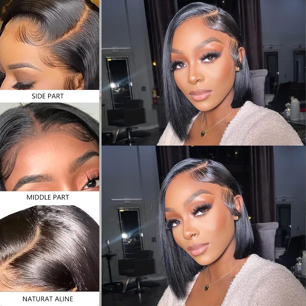 4X4 Lace Front Wigs Human Hair Straight Bob Wig Human Hair Short Wigs for Women Human Hair Pre Plucked 150% Density Glueless Perruque Femme Humain Naturel Black 10 Inch