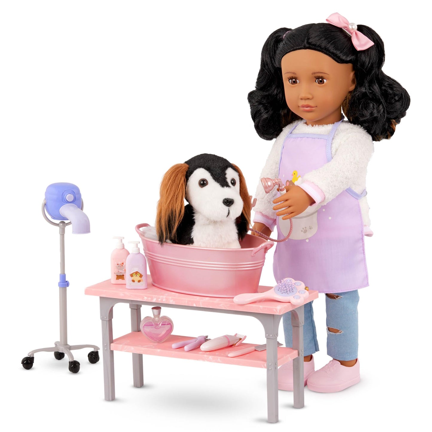Our Generation – 18-inch Doll Accessories – Bathtub & Pet Care Toys – Salon Table, Apron & Hair Dryer – Pretend Play – Kids Ages 3 Years & Older – Scrub & Style Pet Grooming Set