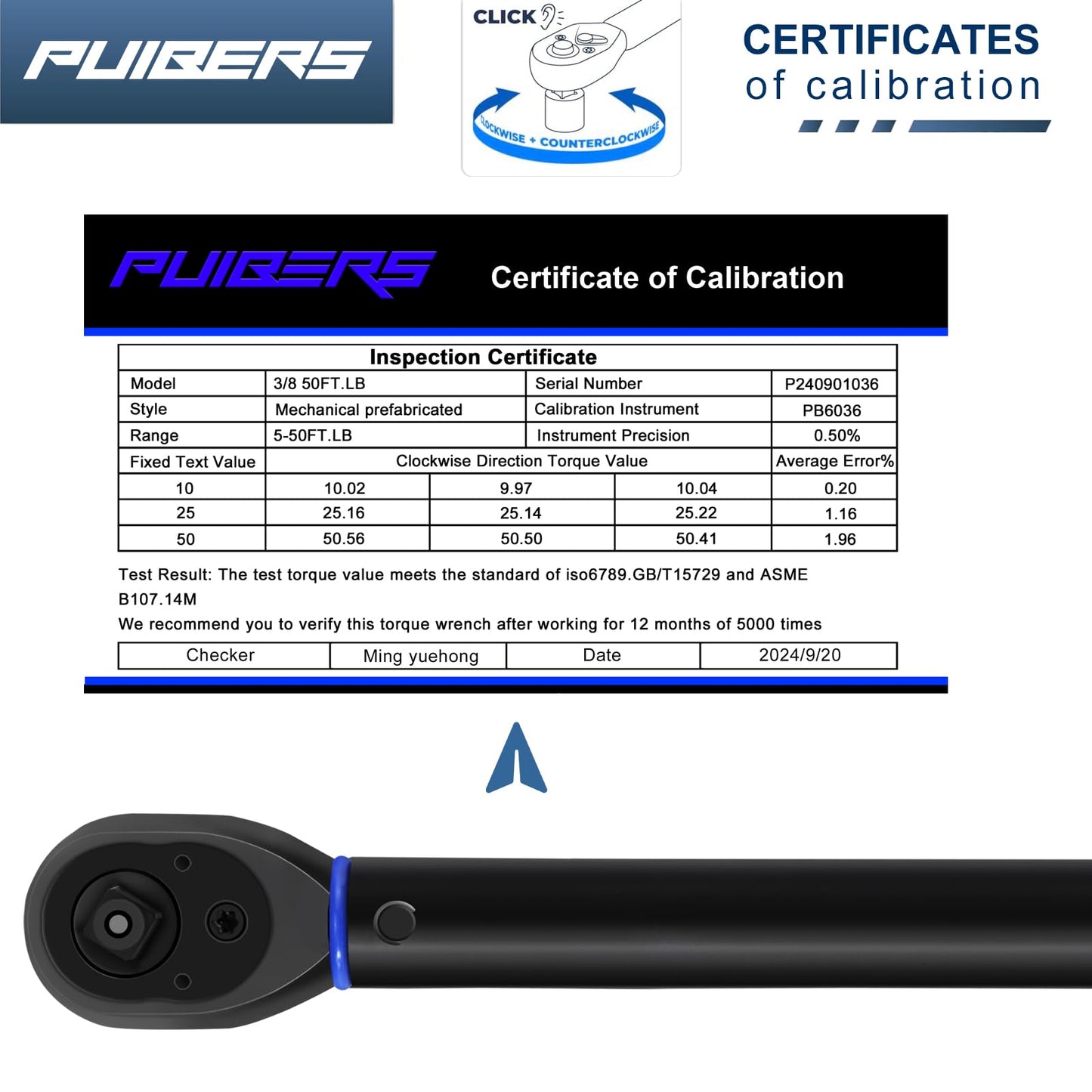 Puibers Torque Wrench 3/8 Drive Click 5-50 FT.LB/6.8-67.8 Nm,Moto Torque Wrenches Dual-Direction Adjustable 72 Tooth ±3% Precision, Mechanical Tools for Bike Car and Moto