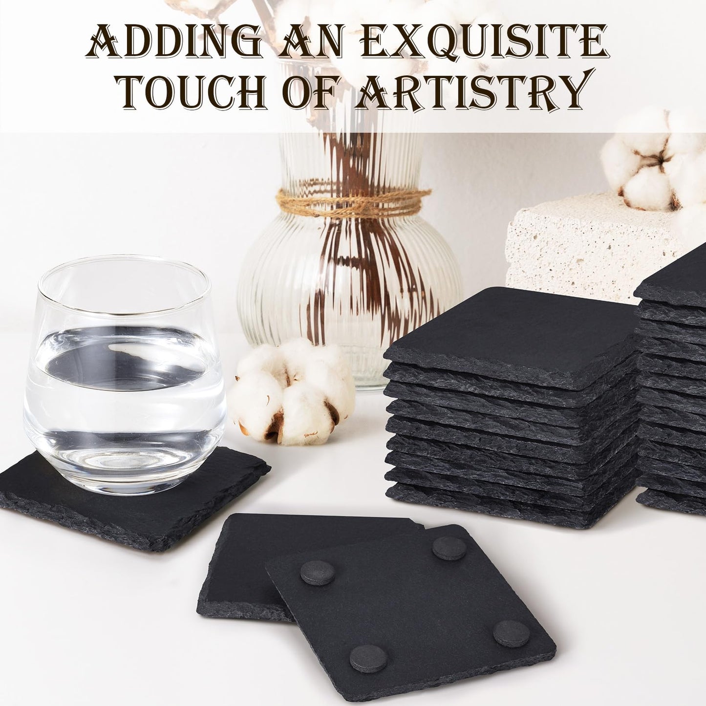 60 Pieces Slate Drink Coasters, GOH DODD 4 Inch Black Coasters Stone Coaster Set, Laser Engraving Blanks with Anti-Scratch Bottom for Home Office Kitchen Bar Housewarming Gifts Wedding Party, Square