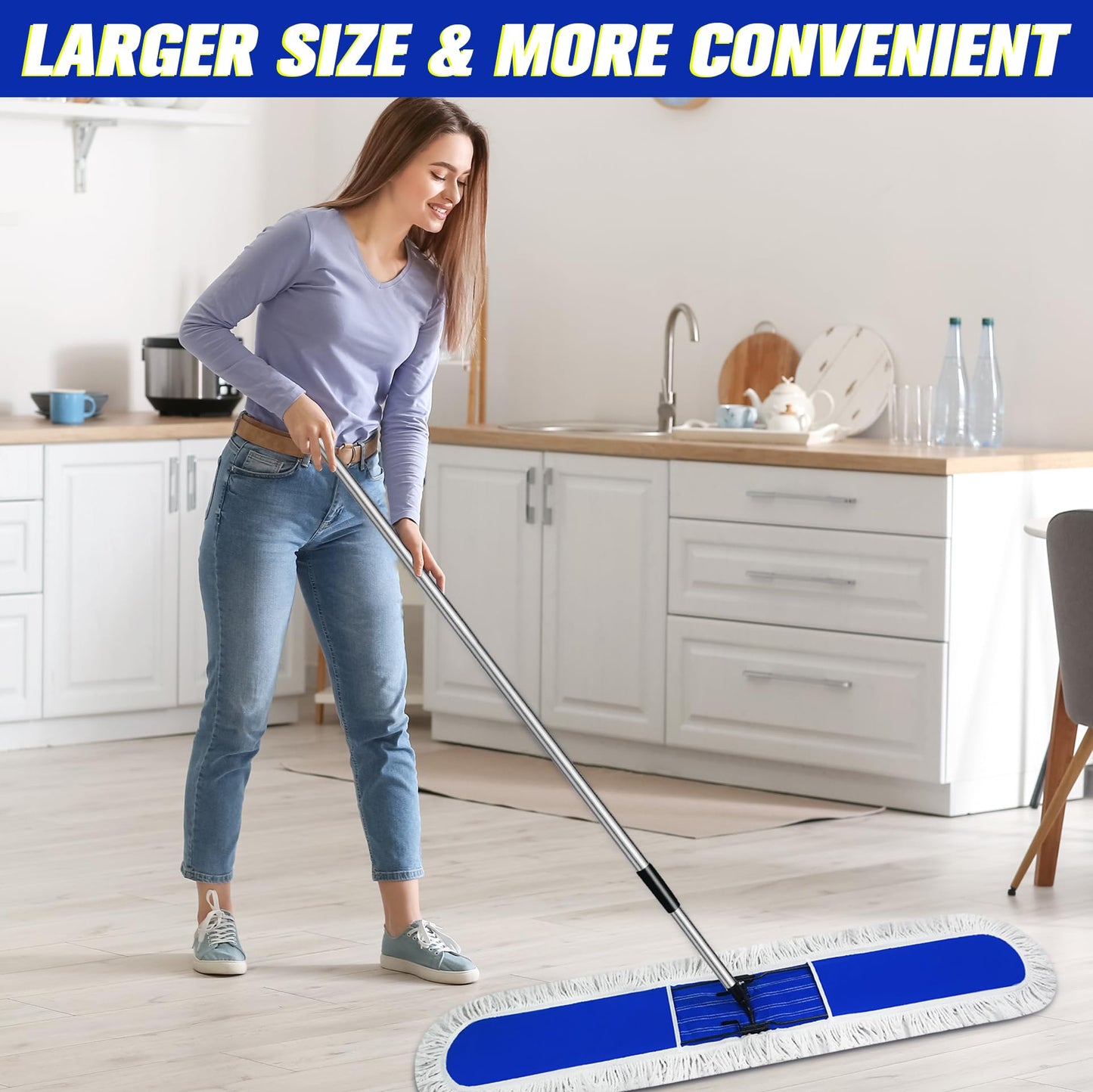 Solipect 48 inch Commercial Dust Mop for Hardwood Floors, Large Size Dry Mop, Reusable Cotton Yarn Head, Telescopic Stainless Steel Handle, Industrial dust mops for Floor Cleaning, Marble, Blue