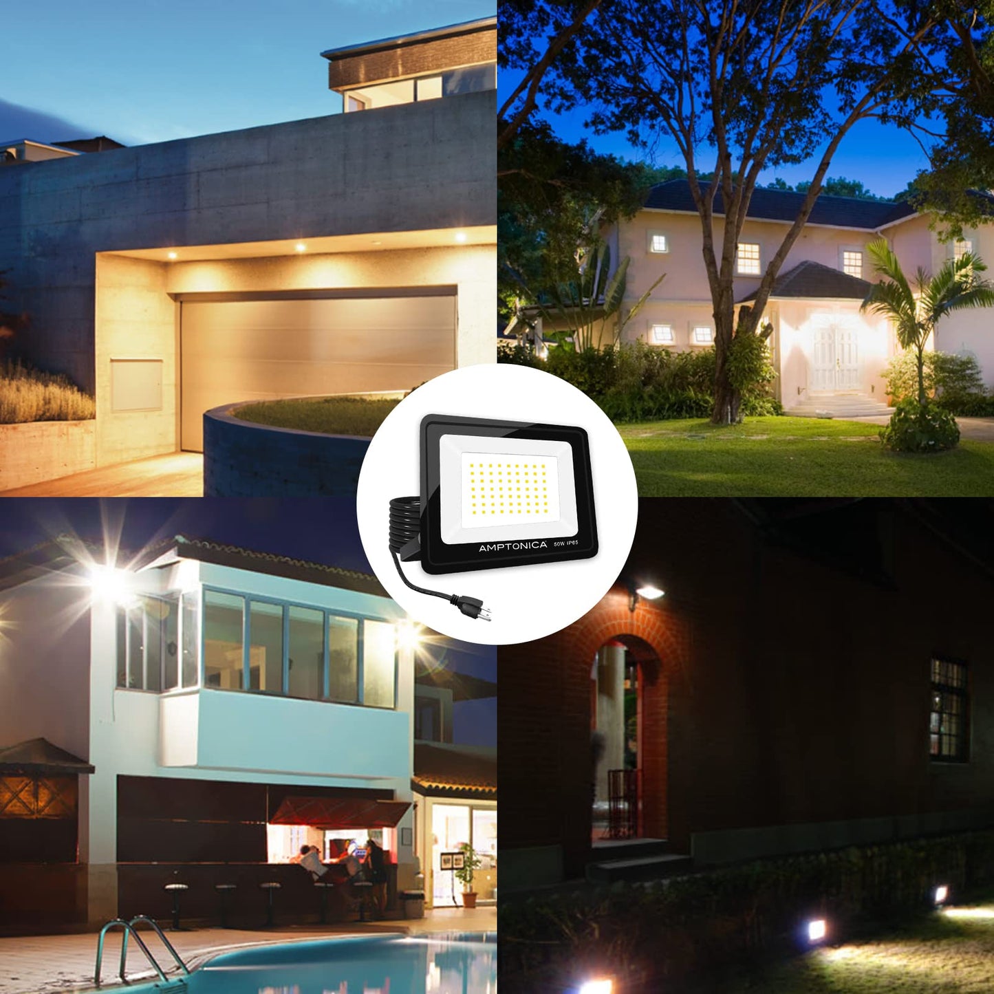 Amptonica LED Flood Light, 50W 5000lm Waterproof Outdoor Floodlights with Plug, 5000K Daylight White Exterior Flood Light, 300W HPS Equivalent LED Work Light for Garden, Yard, Garage, Porch, 2 Pack