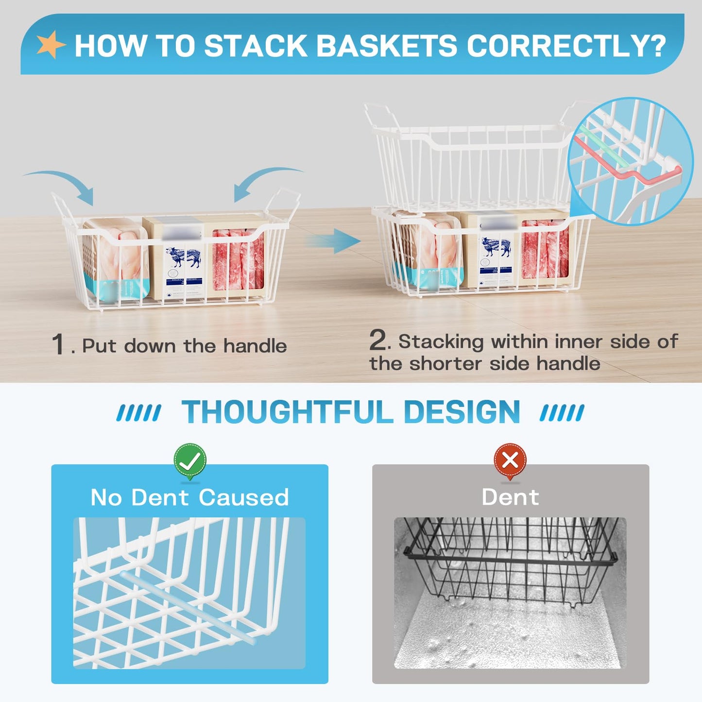 SUNALLY Freezer Organizer Bins, 8 Pack Chest Freezer Organizer Stackable for 5-7 Cu.FT Deep Freezer Sort Frozen Meats and Food, Freezer Storage Baskets with Handles Easy Reach from Bottom, White