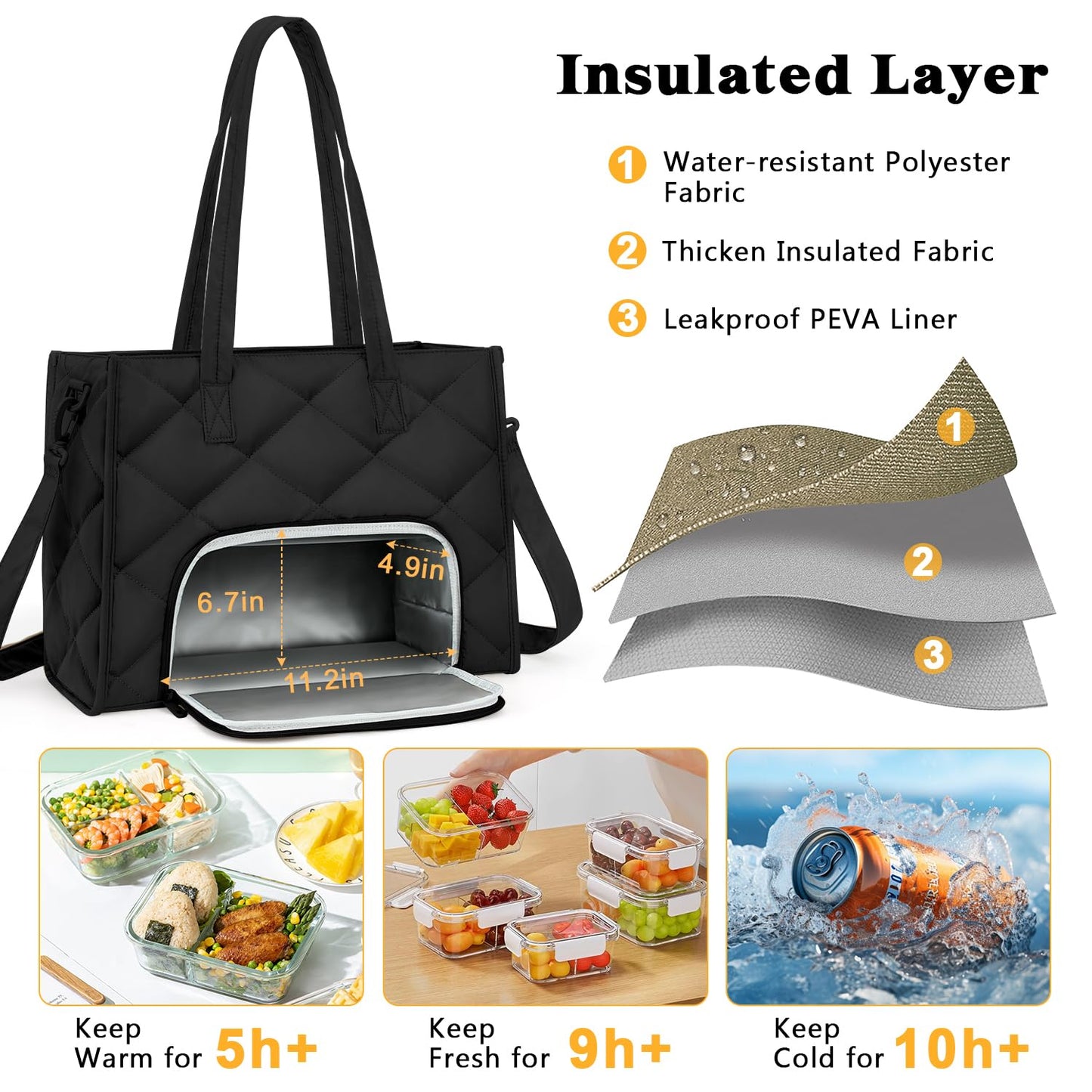 ZOMFELT Lunch Tote Bag for Women, 15.6 Inch Puffer Laptop Lunch Bag, Quilted Large Work Tote Bag with Insulated Lunch Compartment, Womens Lunch Bags for Work, Travel, Nurse, Teacher, Camping, Black