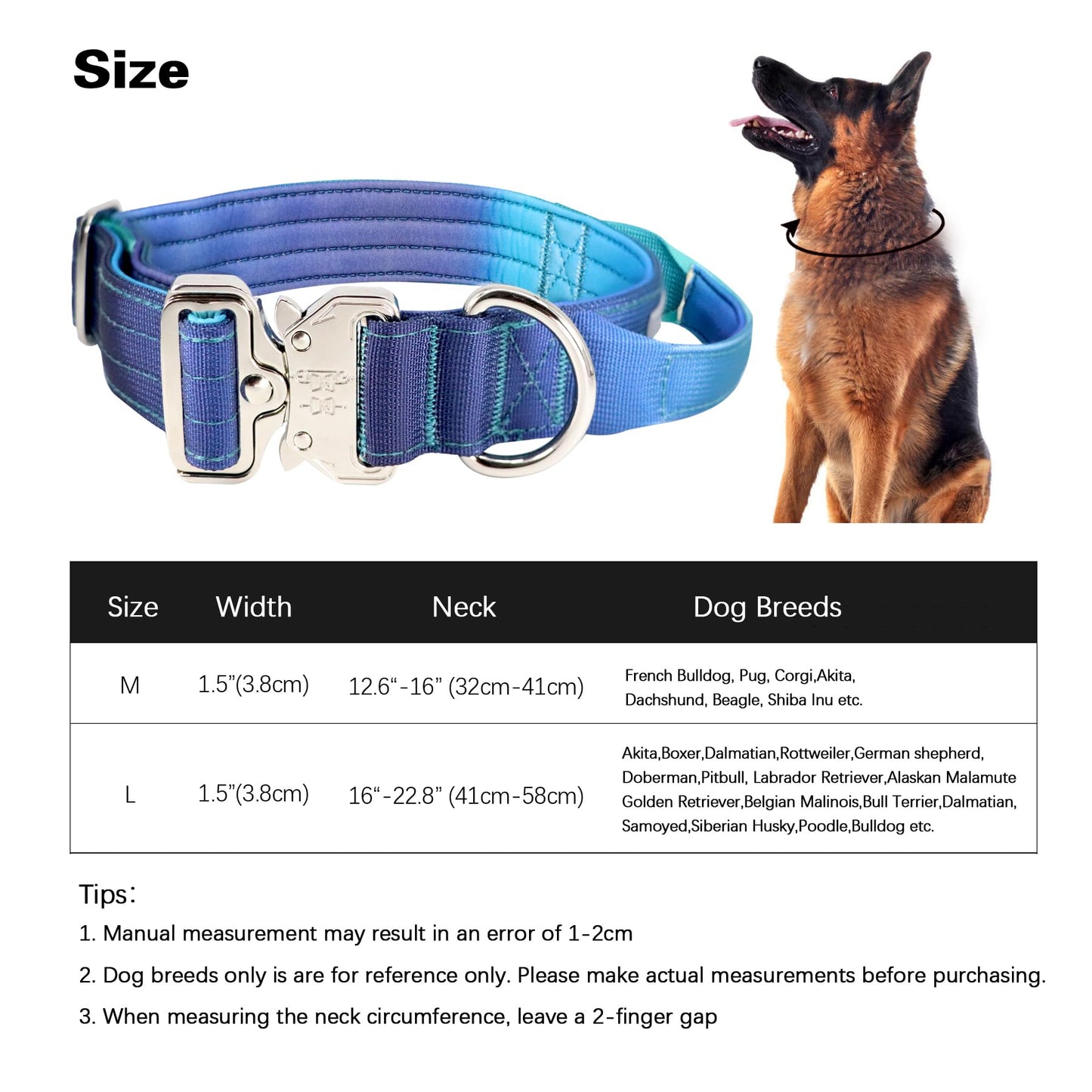Comfluxe Tactical Dog Collar, Wide Thick Heavy Duty Dog Collar with Handle, Soft Neoprene Padded Military-Grade Nylon Training Collar with Quick Release Metal Buckle for Large Dogs (Blue, M)