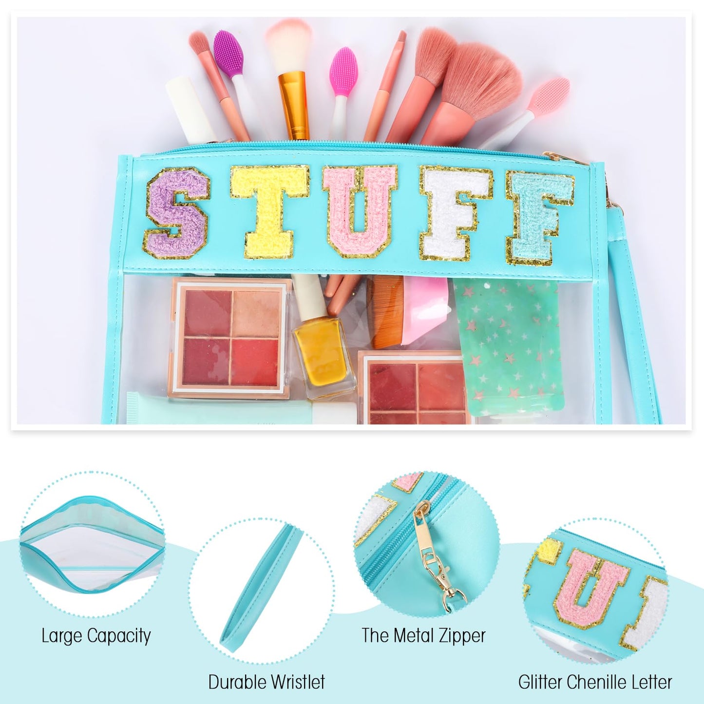 Nuanchu 9 Pcs Clear Chenille Letter Bag Stuff Pouch PVC Waterproof Preppy Cosmetic Makeup Bag Snack Travel Beach Pouch with Wrist let for Teen Women Gifts Operation Christmas Gifts Items
