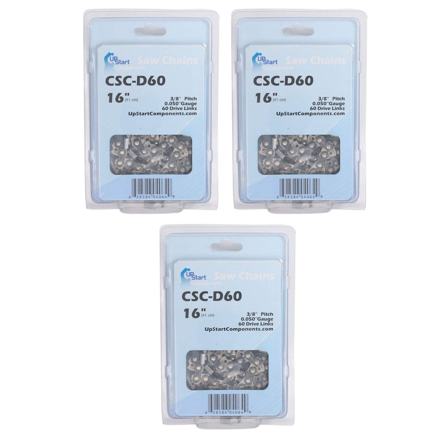 UpStart Components 3 Pack 16-Inch Chainsaw Chain Replacement, 3/8" Pitch, 0.050" Gauge, 60 Links, Low Profile, CSC-D60-3PK