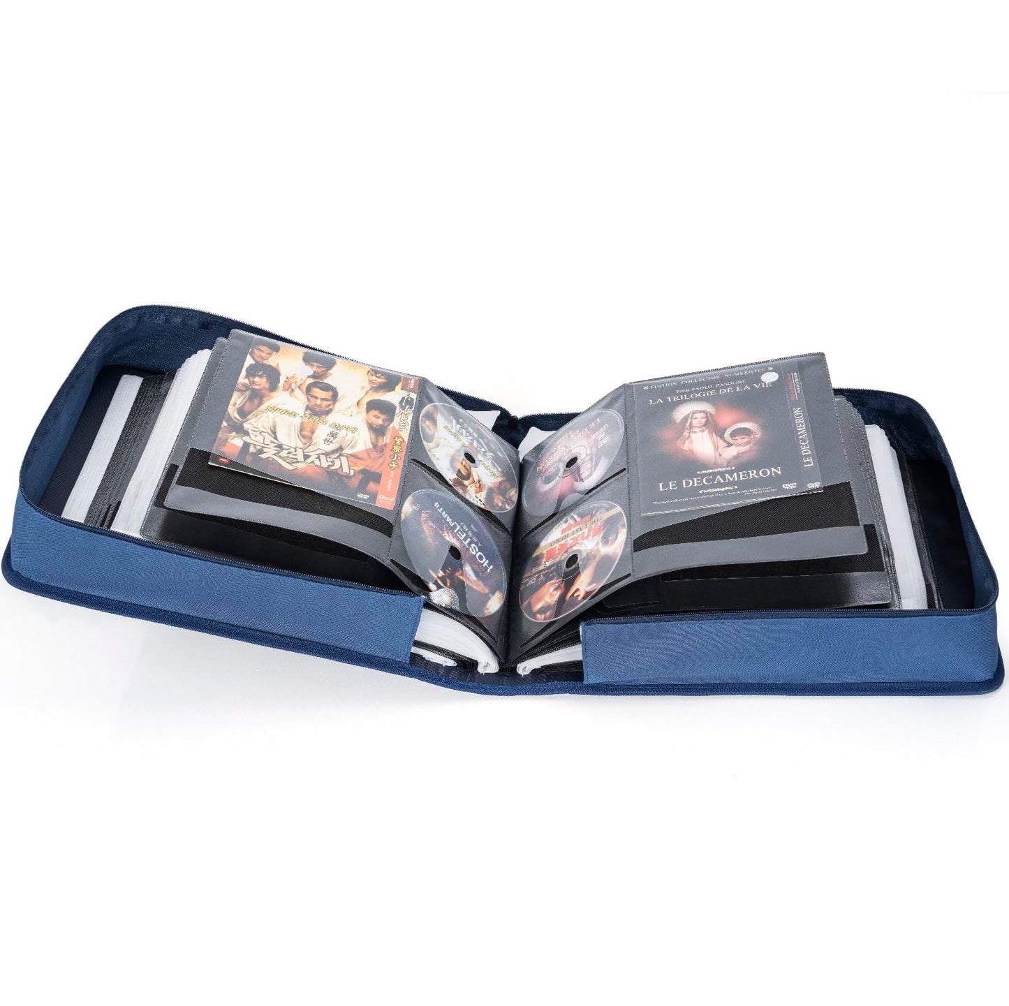AKOZLIN DVD CD Storage Case with Extra Wide Title Cover Pages Portable Carrying Binder Holder Wallet Album DVD Case Protective Movie Media Storage Organizer 200 Disk Units, 100 Booklet Pockets,Blue
