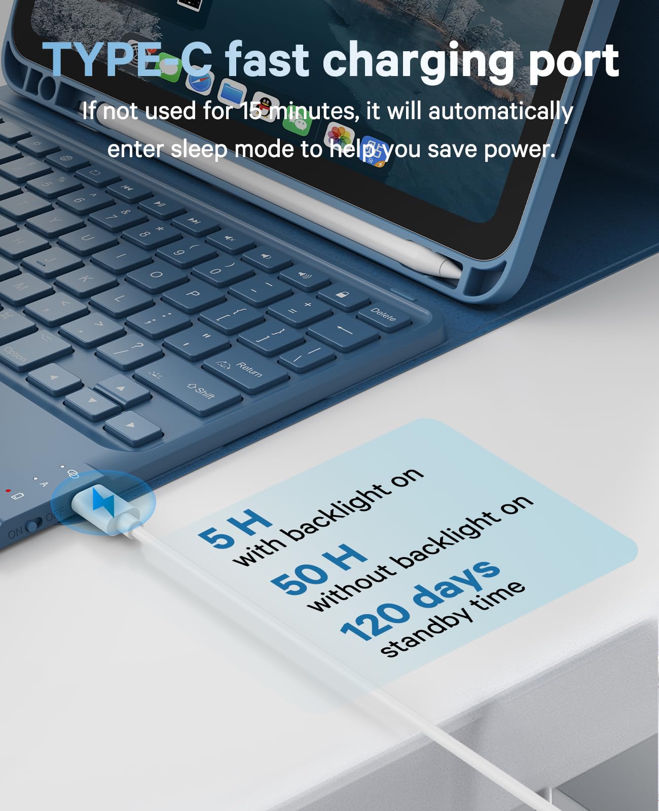 CHESONA Keyboard Case for iPad (A16) 11th 2025/10th Generation 10.9-inch 2022, 7 Color Backlight, Smart Trackpad, Flip Stand Case with Pencil Holder, 2 Wireless Channels for iPad 11th/10th, Steel Blue