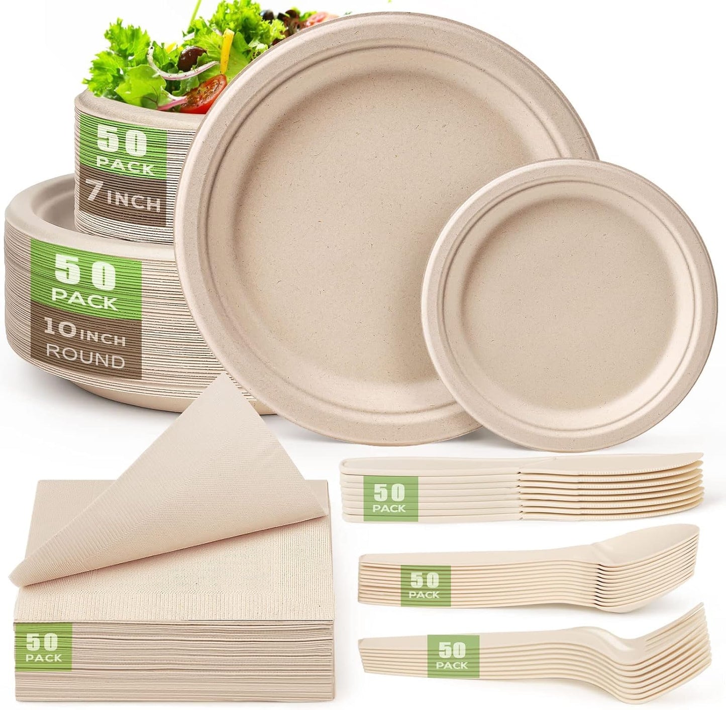 Gezond Compostable Paper Plates Set 300 Pieces Disposable Plates 10-inch Eco-Friendly Paper Plates Heavy-Duty Utensils and Napkins for Party, Made from Sugarcane Pulp