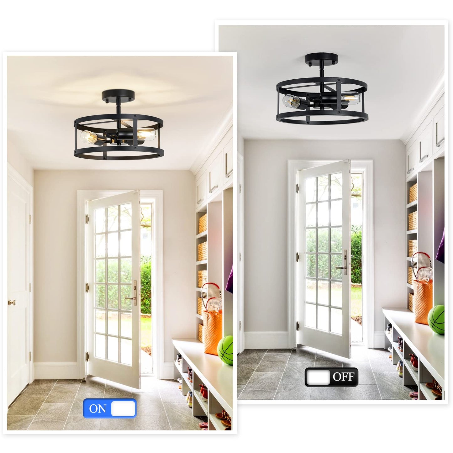 SKEJAO Semi Ceiling Light Fixture,3-Light Black Flush Mount Ceiling Light,13 Inch Hallway Light fixtures Ceiling,Light Fixtures Ceiling Mount for Farmhouse,Kitchen (2, 13.1 inch)
