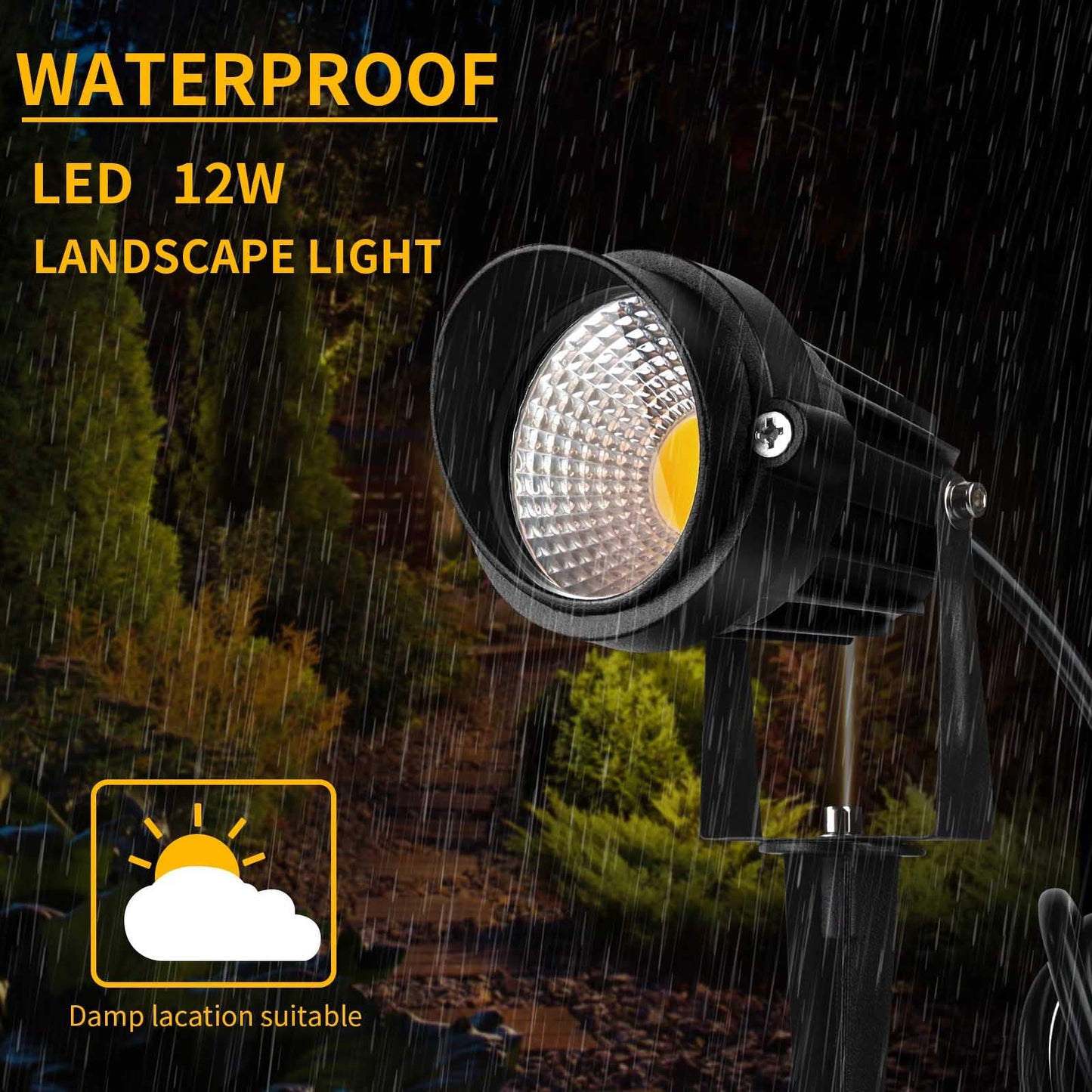 Warm White Spot Lights Outdoor, 12W 3000K Landscape Spot Lights, IP65 Waterproof Garden Lighting, Metal Case COB LED Lights for Lawn Lamp US 3- Plug Yard Christmas Decoration with Stakes(2 Pack)