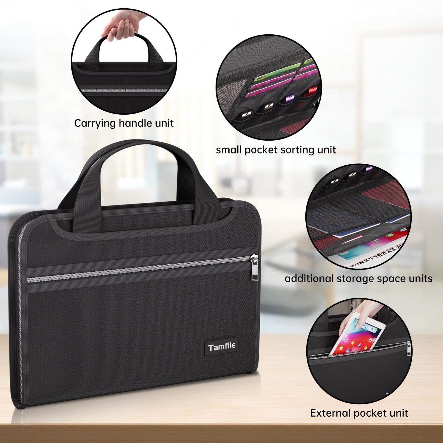 Tamfile Fireproof Accordion File Organizer with Handle, 13 Pocket Expanding File Folder with Zipper & Labels, File Folder with Multi-Pockets Paper Organizer Folder for Letter A4 Files