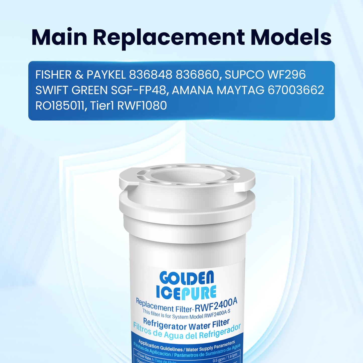 GOLDEN ICEPURE 836848 Replacement for Fisher & Paykel 836860, E522B, PS2067635, RF90A180DU, EFF-6017A, E402B, E442B, SUPCO, WF296, RWF2400A NSF Certified Refrigerator Water Filter 4Pack