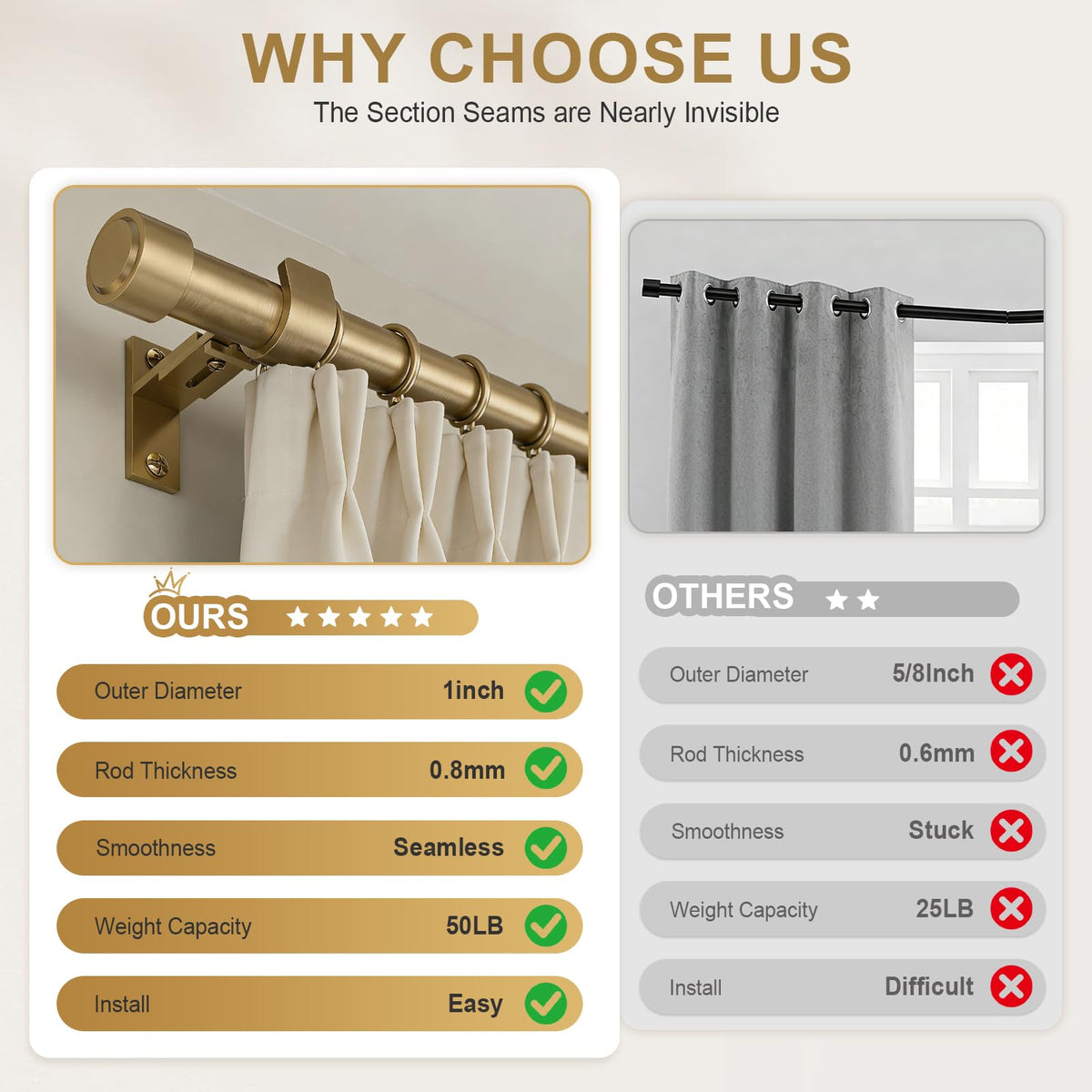 JRZOO Warm Gold Curtain Rod 36-144 Inches Adjustable, 1" Diameter Heavy Duty Window Rod with Alloy Metal Finials & New Heavy Duty Brackets for Bedroom Living Room Kitchen