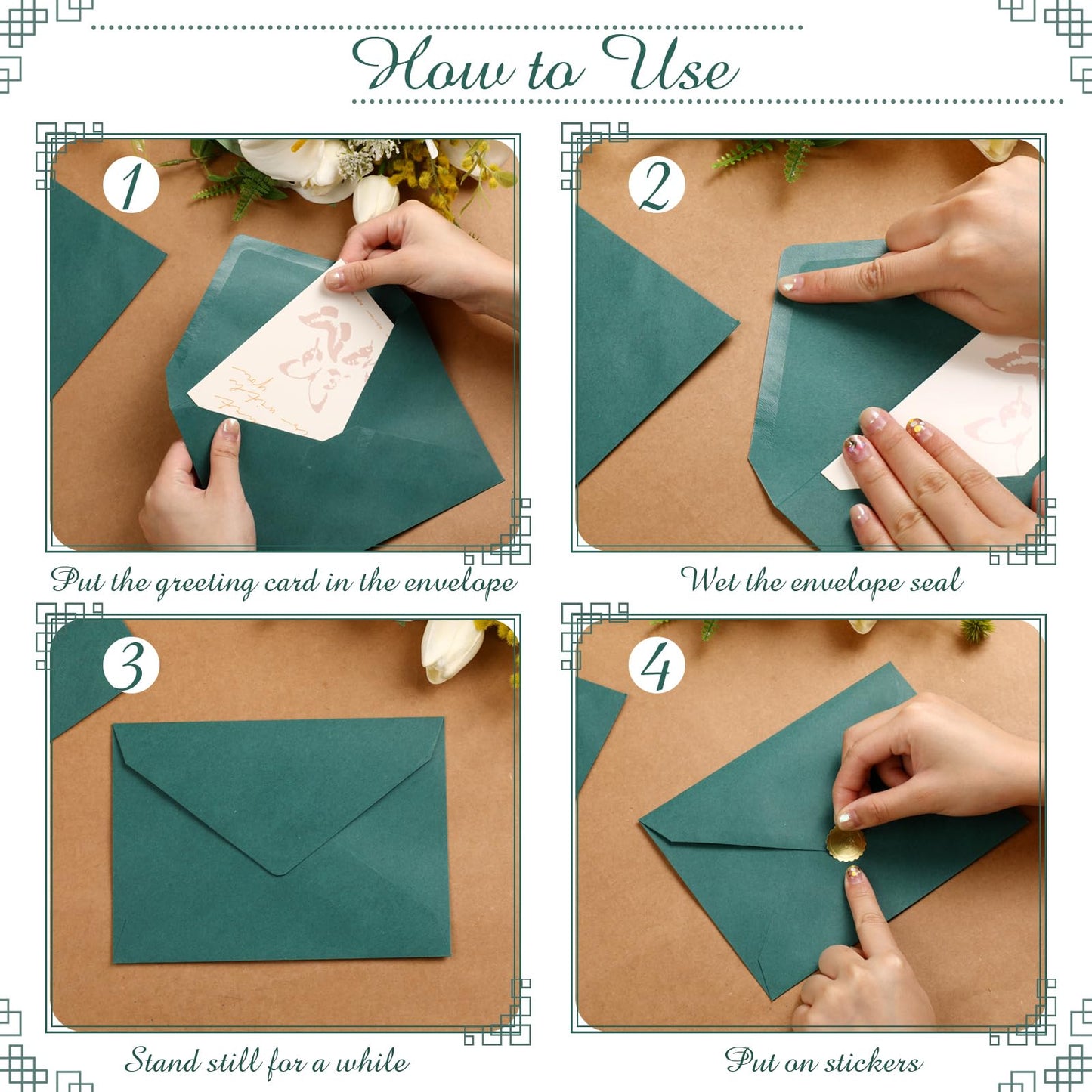 PerKoop 100 Set 5 x 7 Laser Cut Wedding Invitation with Envelopes and Wax Seal Stickers Blank Pocket Invitation Cards Kit for Wedding Bridal Shower Engagement Invite(Dark Green)