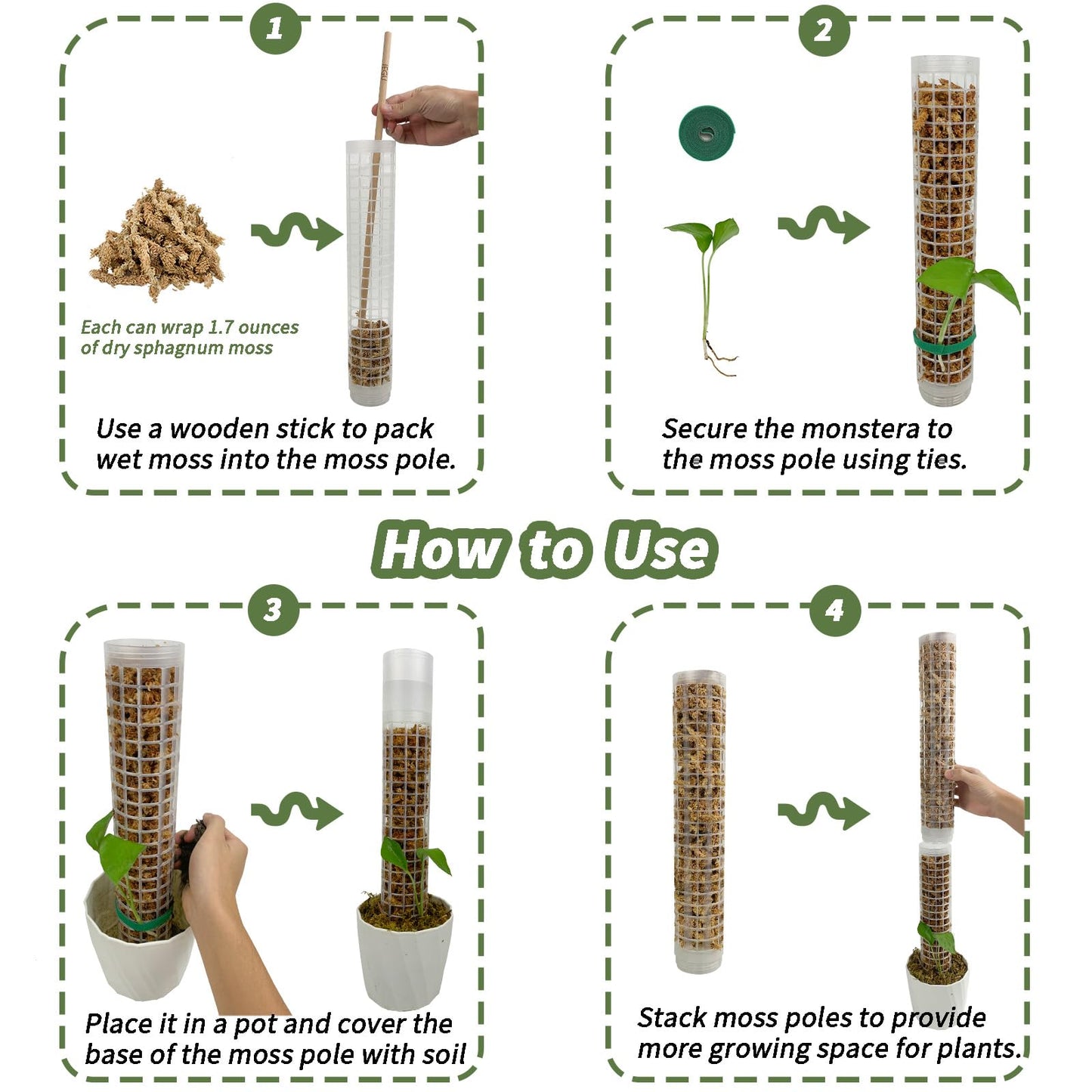JEGU Moss Pole, Self-Watering Moss Pole for Plants Monstera, 17.4 Inch Height, Stackable Design with Monstera Plant Support - Ideal Moss Poles for Climbing Plants. (4, White)