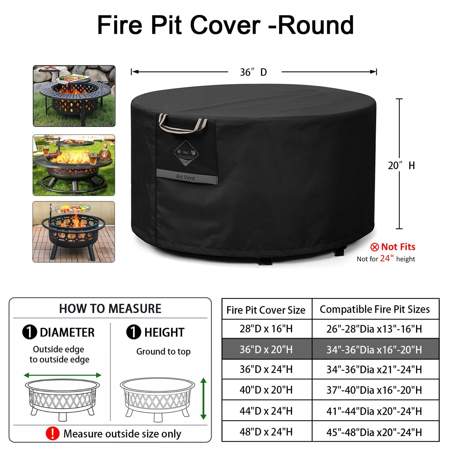 QH.HOME Fire Pit Cover Round Super Waterproof, 36" D X 20" H Outdoor Round Firepit Cover 600D Strong Tear Resistant, UPF 50+ Fire Pit Covers Premium Fading Resistant for Outdoor Round Fire Pit - Black