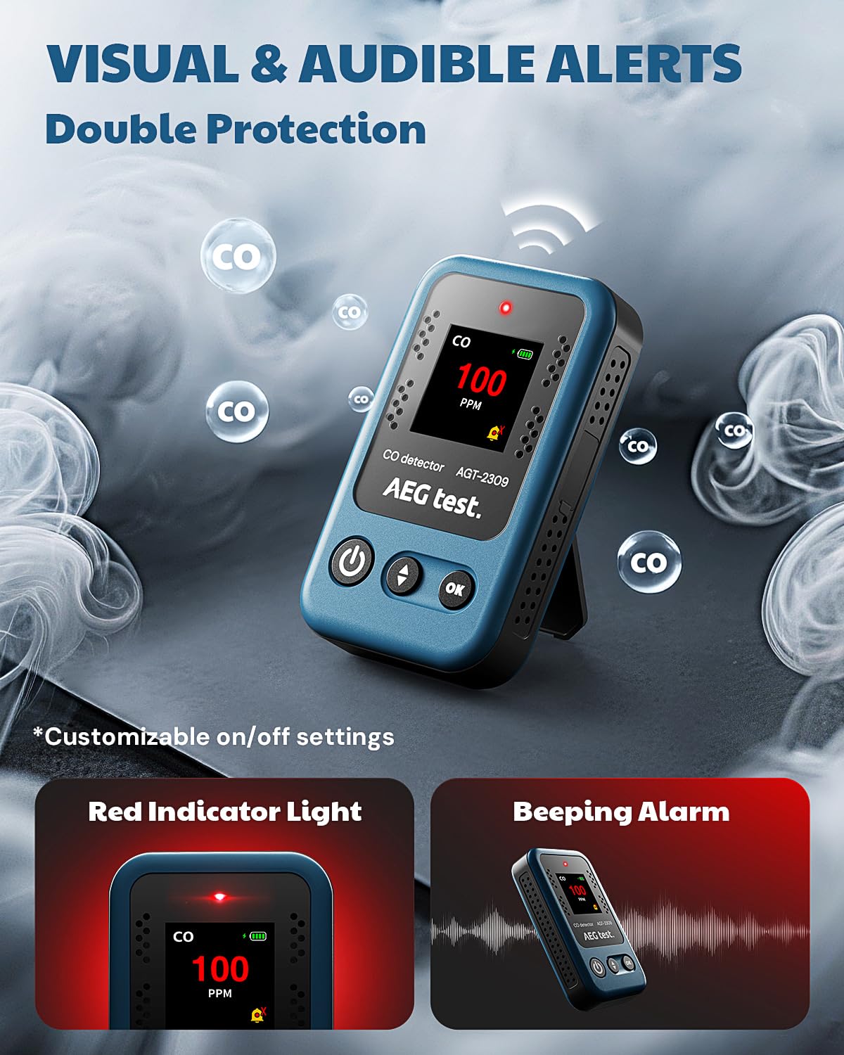 AEGTEST AGT-2309 Portable Carbon Monoxide Detector, 15-Day Standby, Rechargeable Mini CO Monitor with Lanyard for Travel & Camping, Handheld CO Meter with Audible & Visual Alerts, 0-1000ppm - Blue