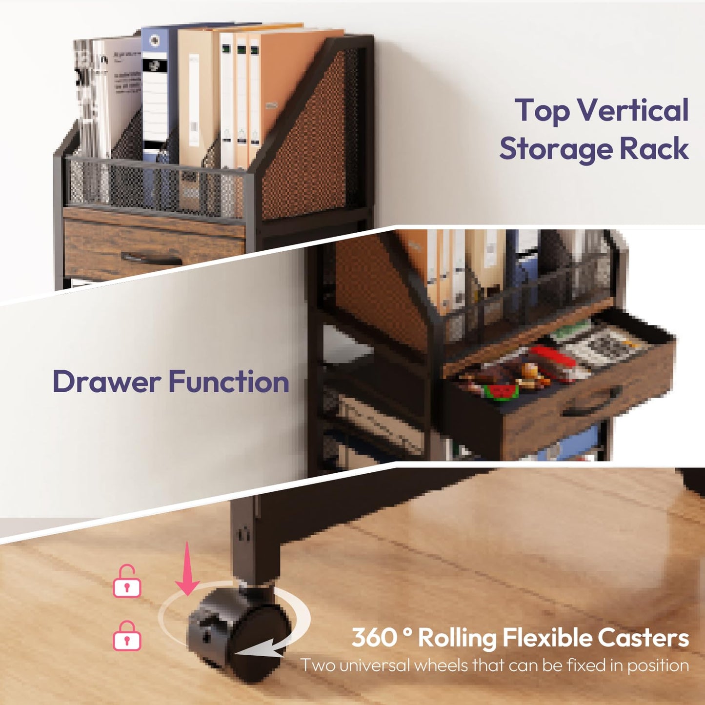 SWTYMIKI Rolling Cart Storage Organizer - 9-Tier Utility Cart with Drawer and Trays, Wood Office Desk Organizer, Office Organization and Binder Storage for Workspace, Home, School, Espresso