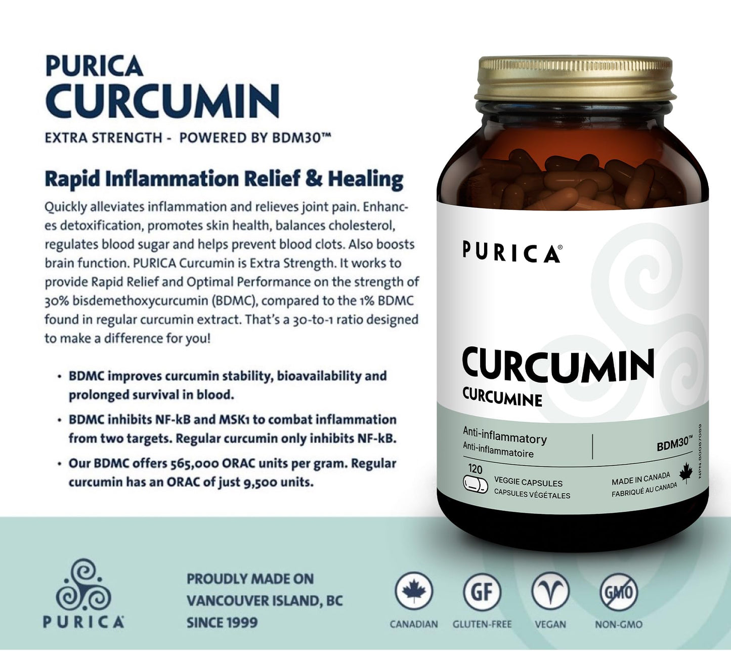 PURICA Extra Strength Curcumin 30% BDMC, 120 Vegan Capsules 120-Day Supply - Turmeric Curcumin Supplements for Skin and Brain Health - Provides Antioxidants for the Maintenance of Good Health