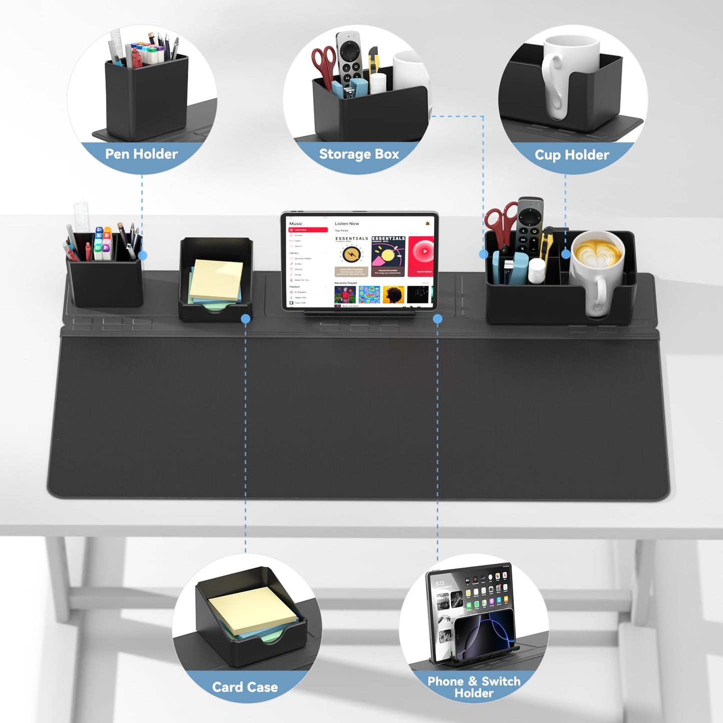 KDD Magnetic Desk Organizer Set with Large Desk Pad, Modular Desktop Storage System with Phone Stand, Pen Holder, Cup Holder & Card Organizer, DIY Workspace Accessories for Office Home