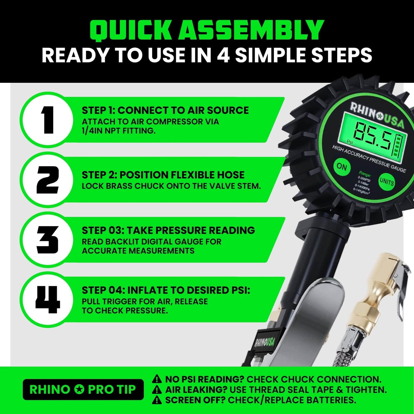 Rhino USA Digital Tire Pressure Gauge with Inflator (0-200 PSI) - Heavy Duty Air Chuck and Compressor Accessories with Stainless Braided Hose, Large 2" Dial and Solid Brass Hardware for Truck and RV