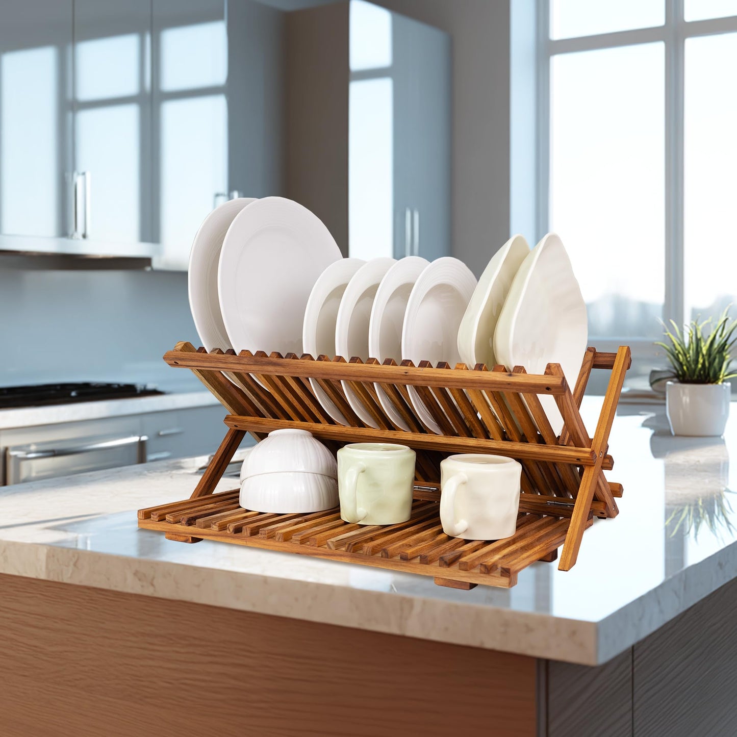 Utoplike Large Teak Dish Drying Rack, Wooden 3 Tier Collapsible Dish Drainer for Countertop, Kitchen Organizer for Pasta Plates, Cups