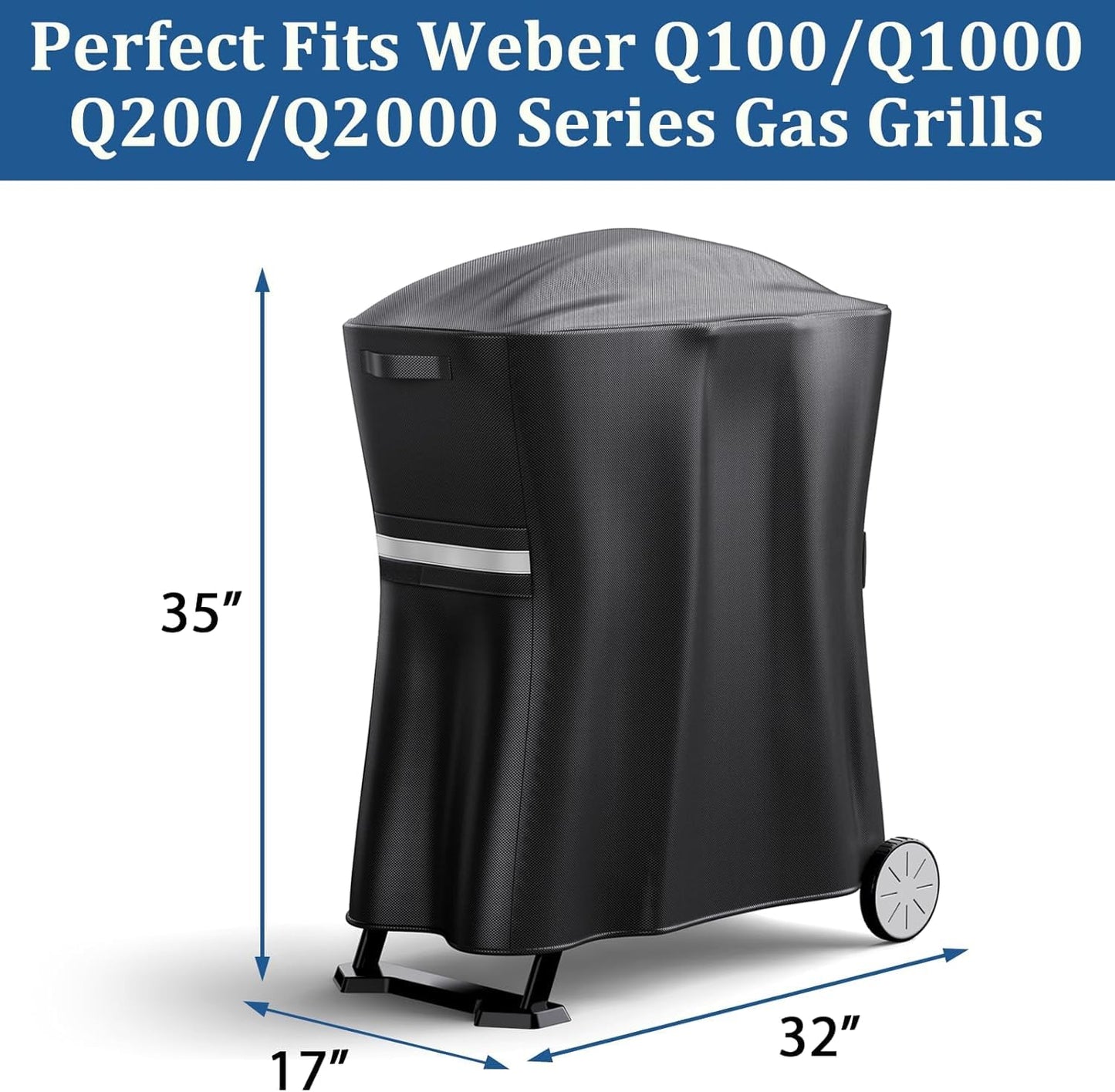 GFTIME 7113 Grill Cover for Weber Q100 Q120 Q1000 Q1200 Q200 Q220 Q2000 Q2200 Q2400 Q2800N+ Series Gas Grills, 600D,Heavy Duty BBQ Cover for Weber Q Portable cart, Waterproof and UV Resistant