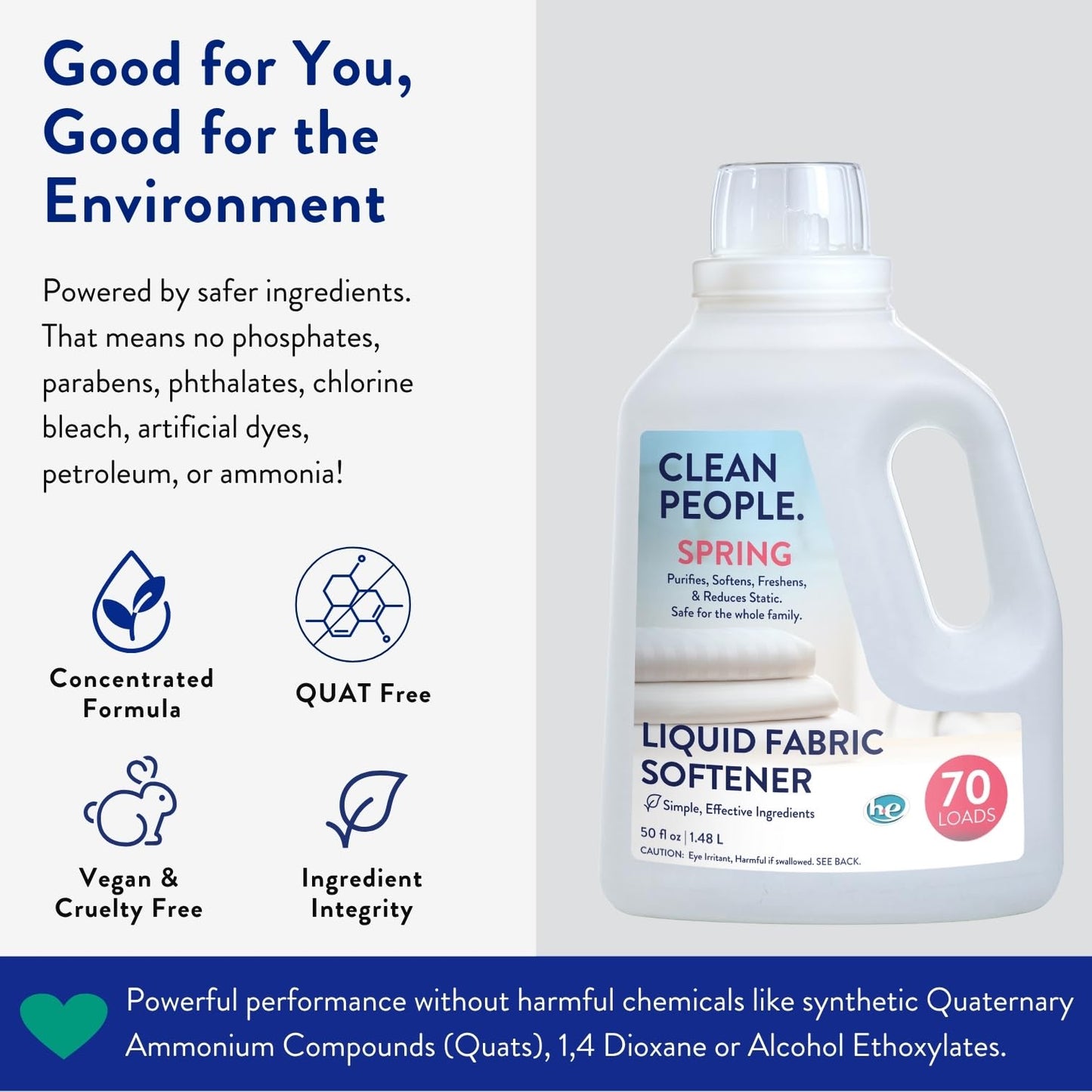 The Clean People Liquid Fabric Softener - Softens & Removes Static Cling - Vegan Scented Laundry Softener - Spring Scent, 50 fl oz - 70 Loads - 2 Pack