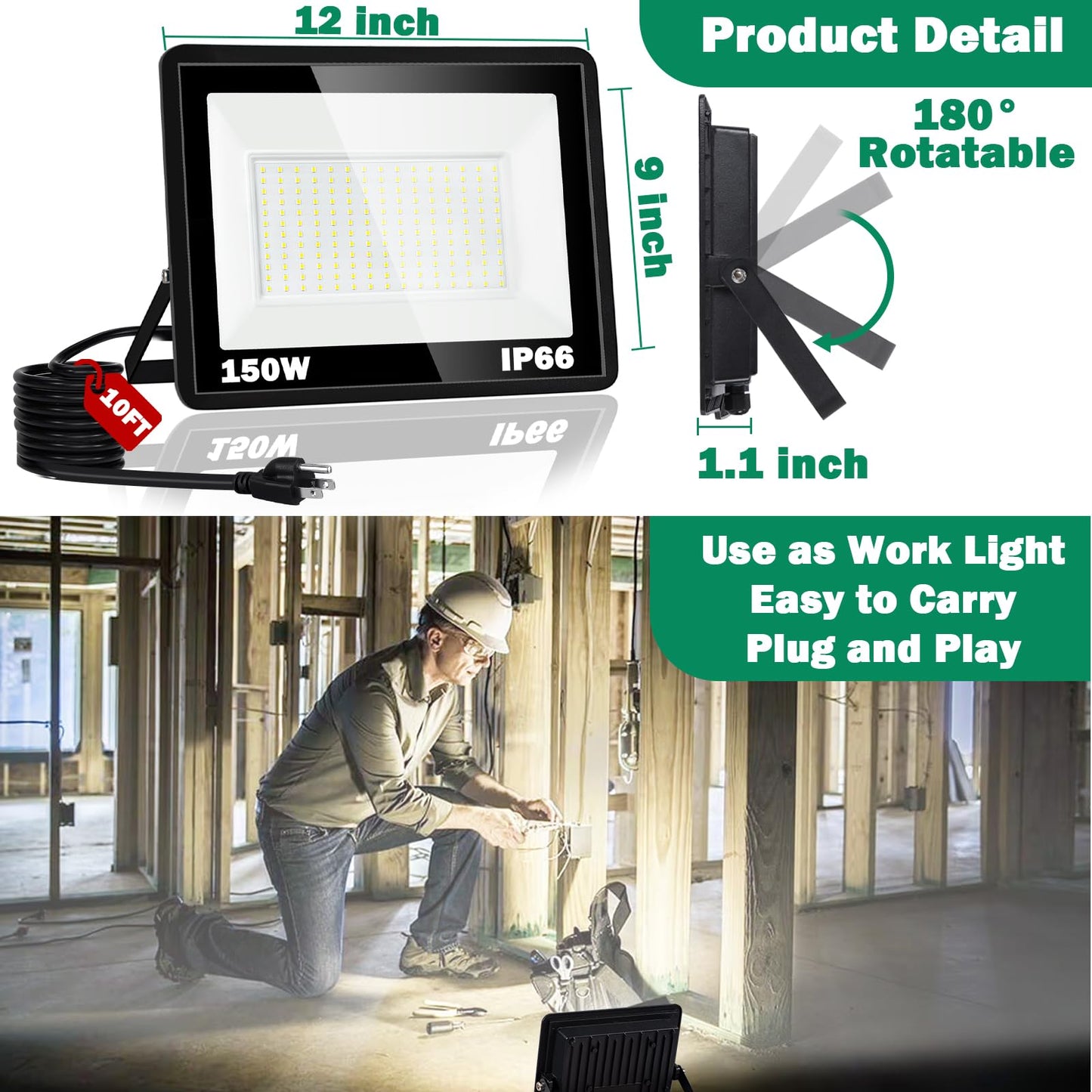 NEWREACH 150W LED Flood Light,18000LM Floodlight with Plug,IP66 Waterproof Outdoor Lights, 5000K Daylight White Security Lights,Outdoor Floodlights for Yard Stadium Garden（2 Pack）