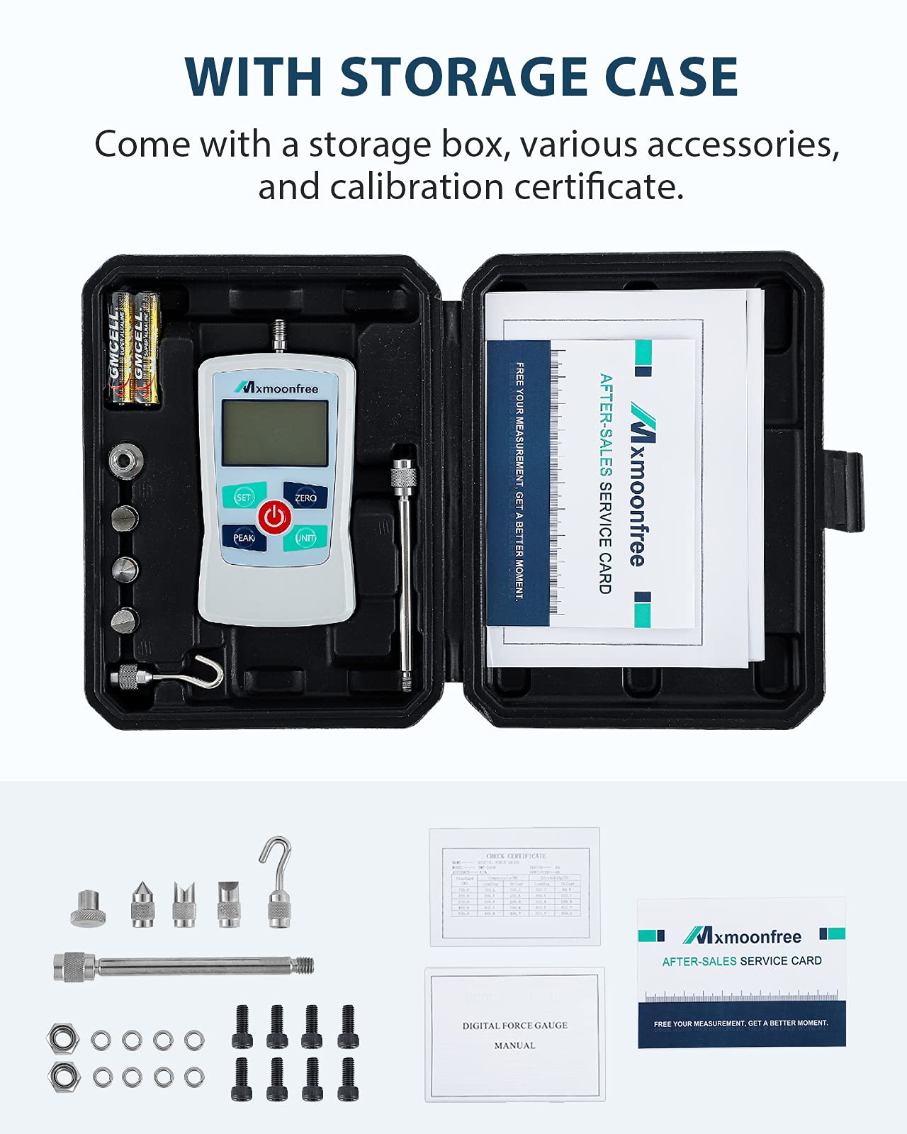 Mxmoonfree 50N Digital Force Gauge Push Pull Gauge Portable Force Meter with Units N/LB/Kg/Oz, Storage Case, Auto Backlit LCD, Auto Power-Off (ZMF-50N)