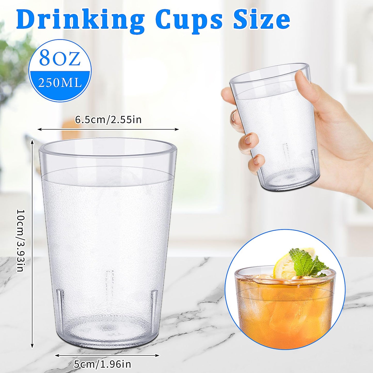 48 Pack 8oz Clear Plastic Cup Restaurant Grade Break Resistant Drinking Glasses are Reusable, Stackable and Shatterproof Drink Tumblers for Cafe Party and Catering Supplies