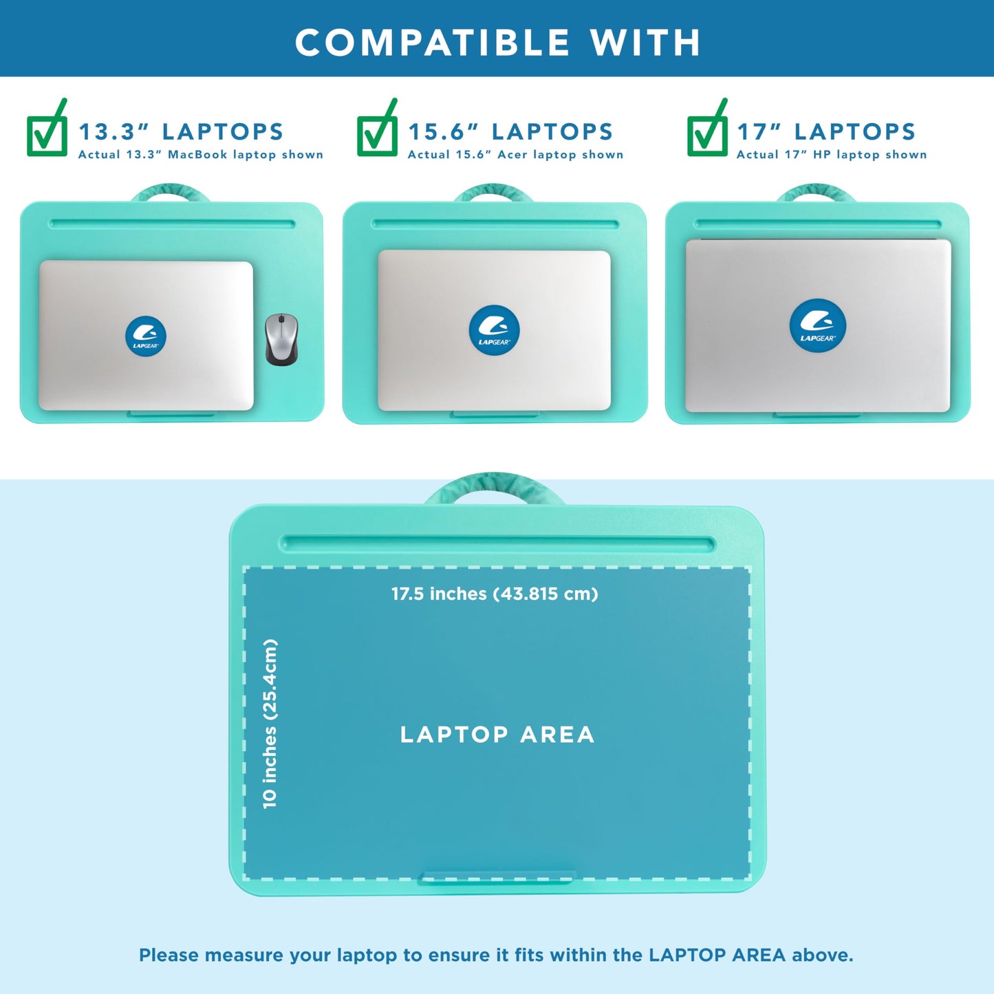 LAPGEAR Original Lap Desk – Large (17.9” x 13”) | Fits Up to 17.3” Laptops | Cushioned with Device Ledge, Pencil Tray & Handle | Portable & Lightweight | Aqua Sky – Style No. 45159