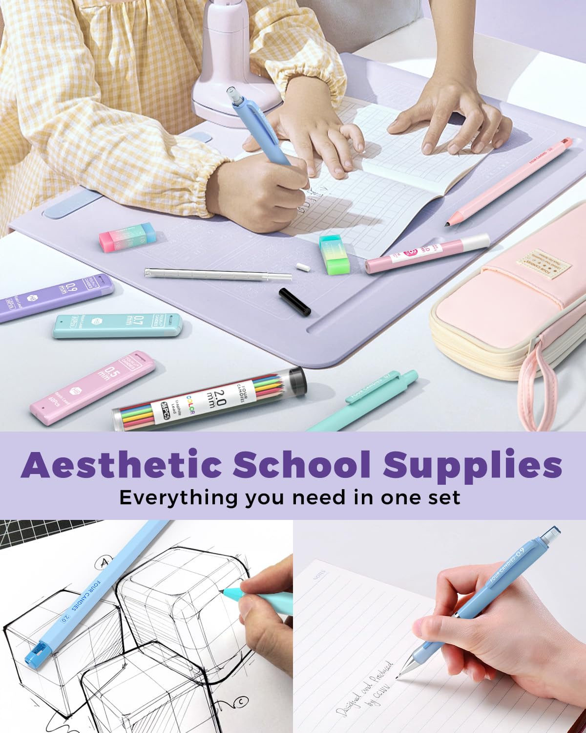 Four Candies 36PCS Aesthetic School Supplies with Pencil Case, Mechanical Pencils 0.5mm, 0.7mm, 0.9mm & 2.0mm with 624PCS Lead Refills, Cute Mechanical Pencils for Writing, Drawing & Drafting (Pink)