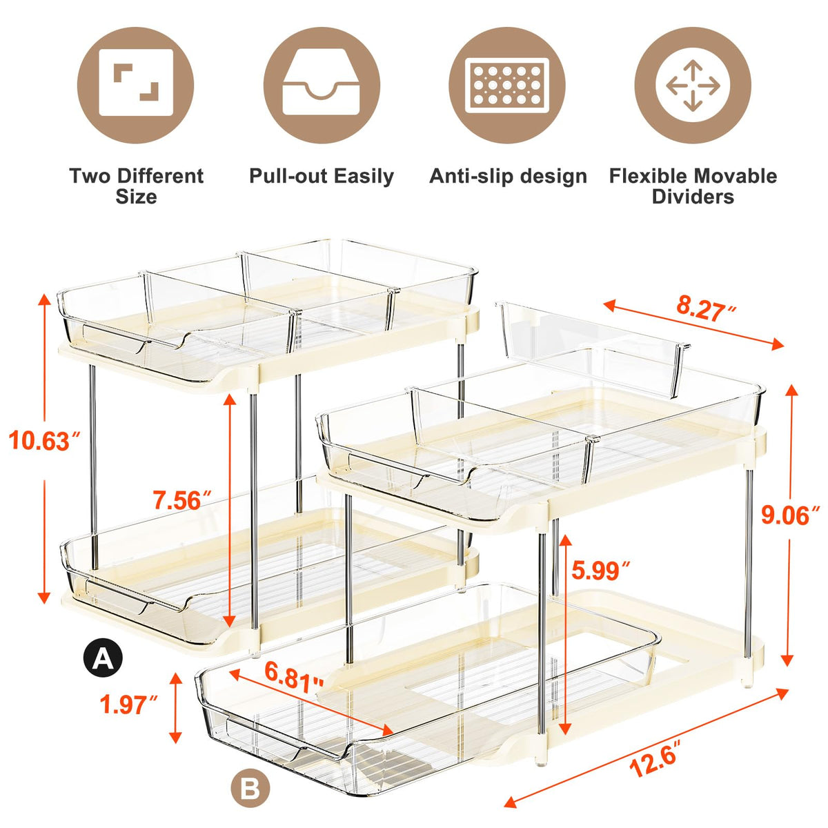 Delamu 2-Tier Multi-Purpose Bathroom Under Sink Organizers and Storage, Stackable Kitchen Pantry Organization, Pull Out Medicine Cabinet Organizer with Movable Dividers, Beige, 2 Pack