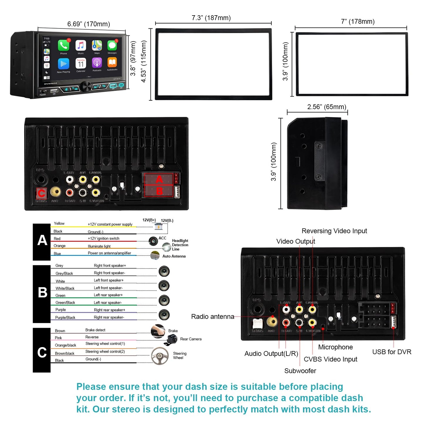 Alondy Double Din Car Stereo with 6.8" Touchscreen Compatible with [Wireless] Apple CarPlay/Android Auto Bluetooth AM/FM Radio 2X USB (Both 2.1A Fast Charge) Backup Camera RCA Audio Receiver