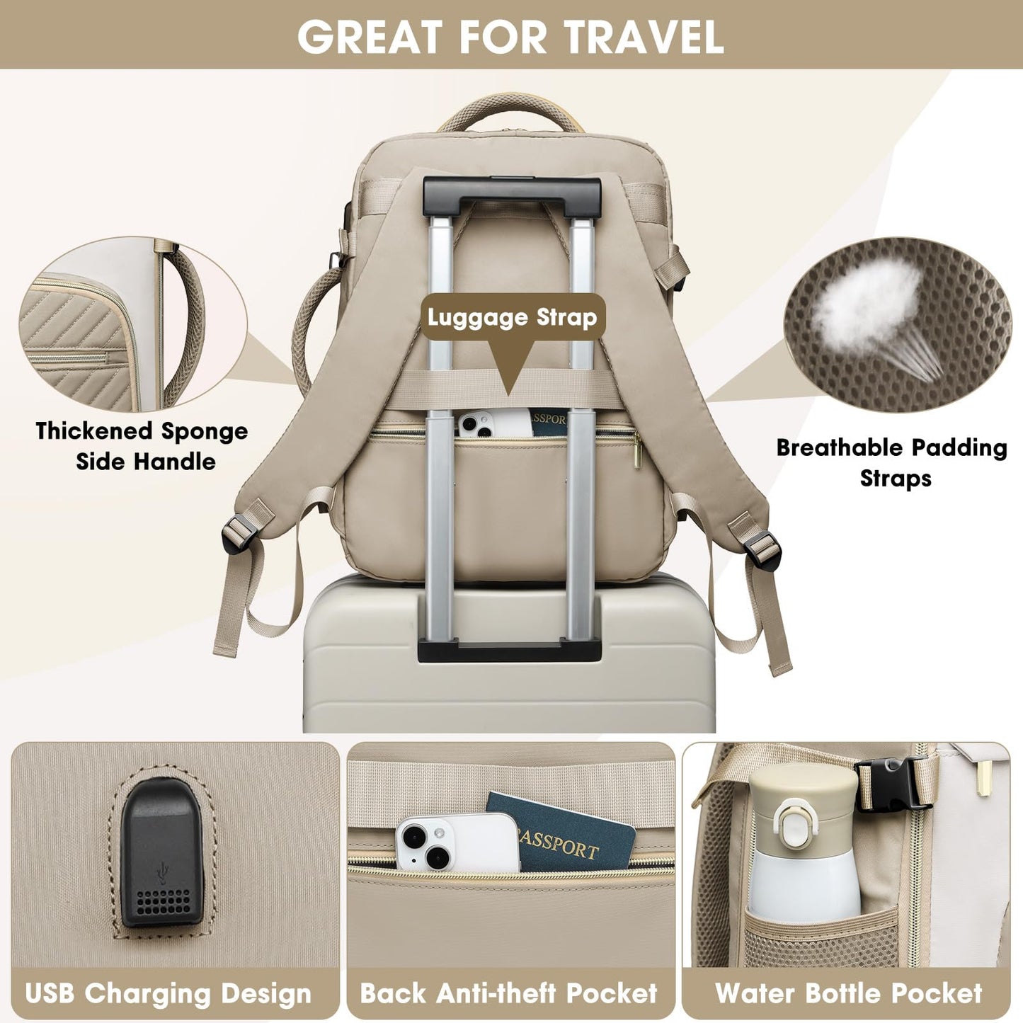 Large Carry On Travel Backpack: Flight Approved 40L Waterproof Personal Item Daypack for Women Weekender Bag fit 17inch Laptop Luggage Backpack Traveling Business with USB Port and 3 Packing Cubes