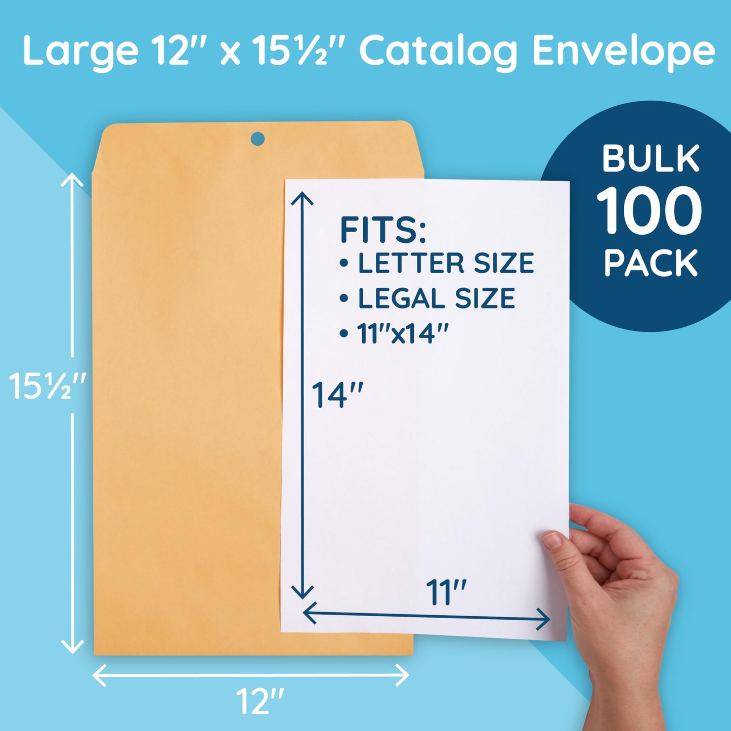 Blue Summit Clasp Envelopes, 12 x 15.5-Inch, Thick 28lb Kraft Paper, Clasp with Gummed Seal, 100 Envelopes