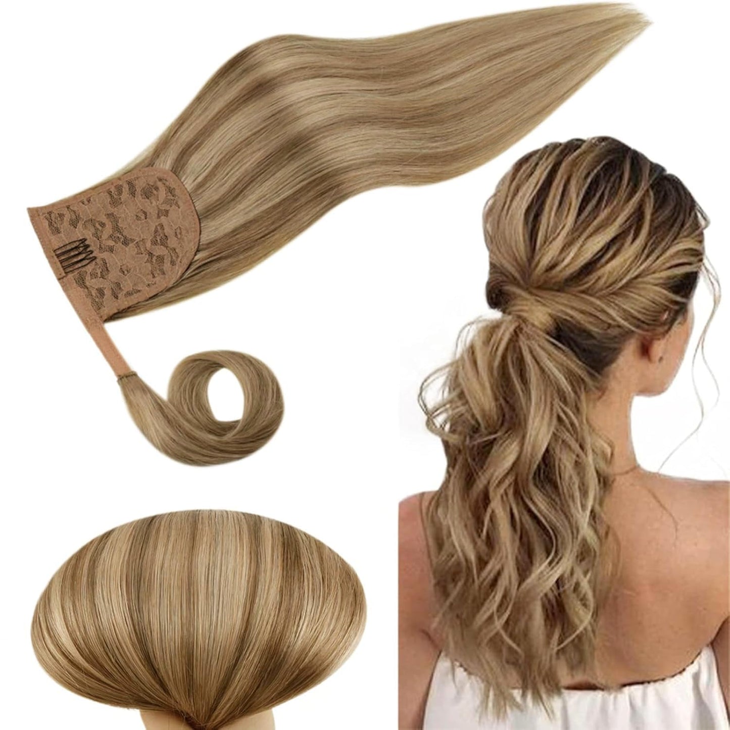 RUNATURE Human Hair Ponytail Clip in Extensions 12 Inch Straight Hair Wrap Around Ponytail Extensions Light Brown Highlighted Blonde Ponytails Remy Hair Extensions for Women 70g