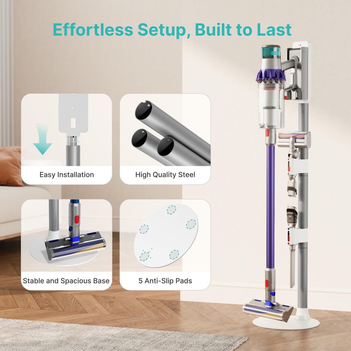 PEGZONE Vacuum Cleaner Stand, Compatible with Dyson Gen5 V15 V12 V11 V10 V8 V7 V6, Vacuum Holder with 2 Removable Accessory Clips, Cordless Vacuum Attachment Organizer with Built-in Cable Slot, White