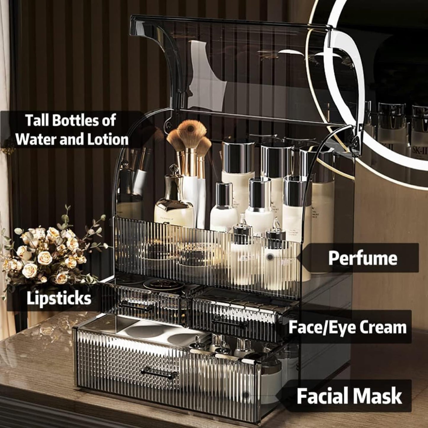 Rusunde Cosmetic Storage Organizer, X-Large Acrylic Clear Cosmetics Storage Display Case with Drawers, Perfume Makeup Organizer Box with Water Proof Cover for Counter, Bathroom, Dresser(Black-XL)