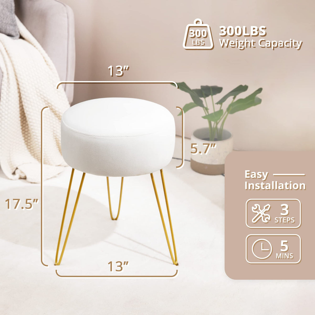 LUE BONA Vanity Stool, White Vanity Stools for Makeup Room, Round Ottoman Foot Stool, Velvet Footrest Vanity Chair for Bathroom Vanity, Bedroom, Living Room, Entryway, Offices