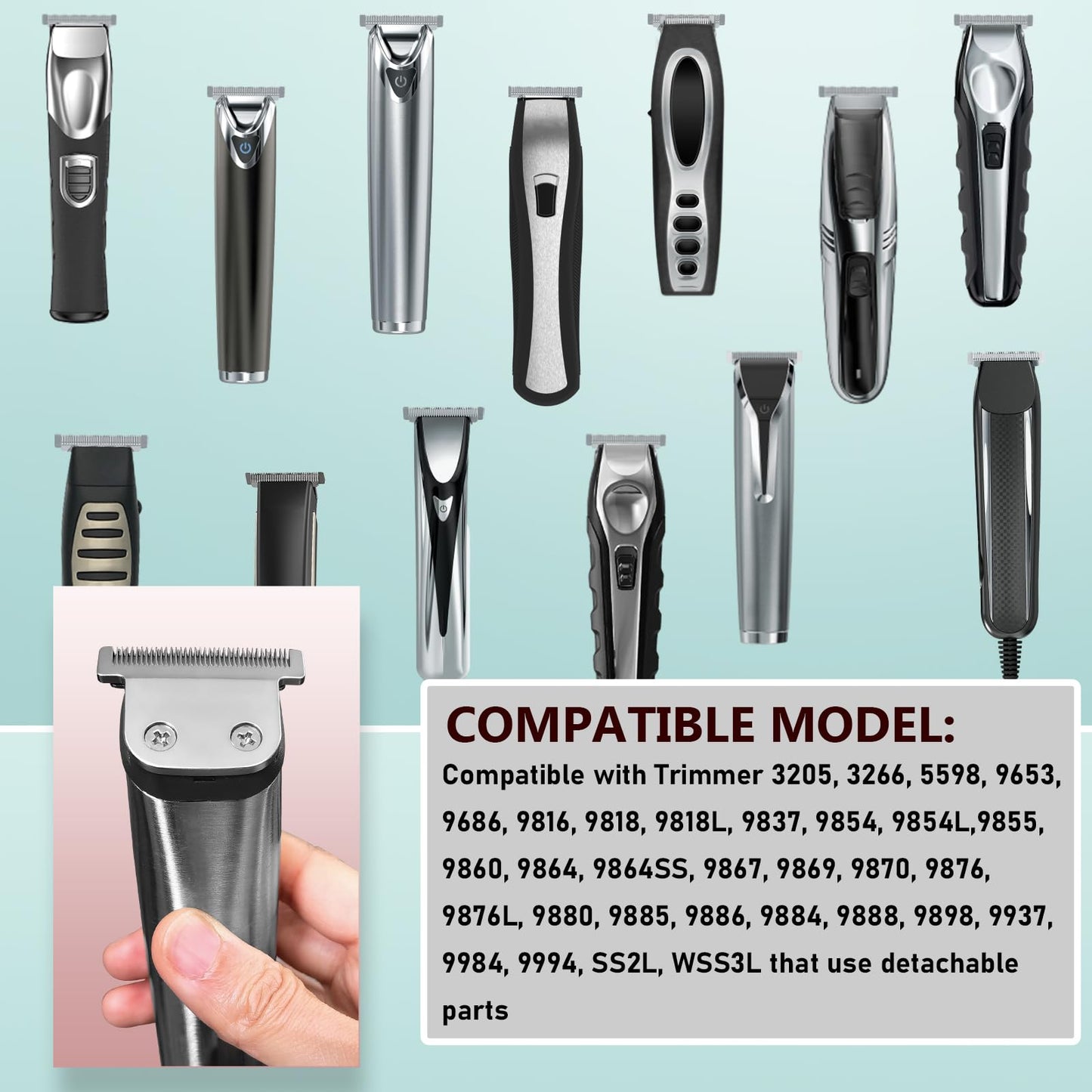 40mm Replacement Detachable Stainless Steel T Blade（02144 ）, Compatible with Wahl All in One Lithium Ion Trimmer 9864/9864SS/9686/9818A/9854L/9876L/9854 /WSS3L/SS2L etc. (Silver 2 Pack)